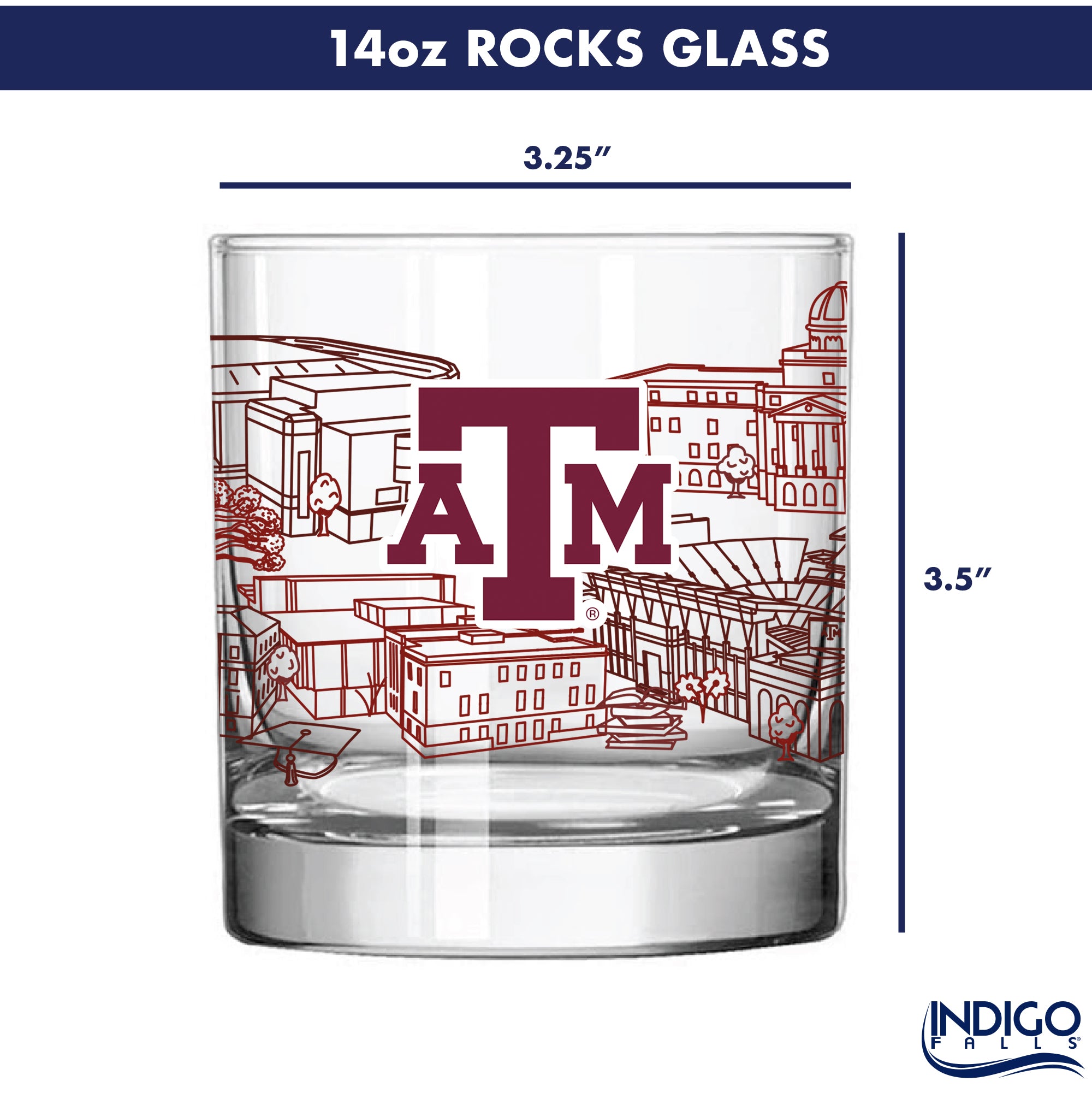 Set of 4 Texas A&M Aggies Campus Line Art 14oz Rocks Glasses