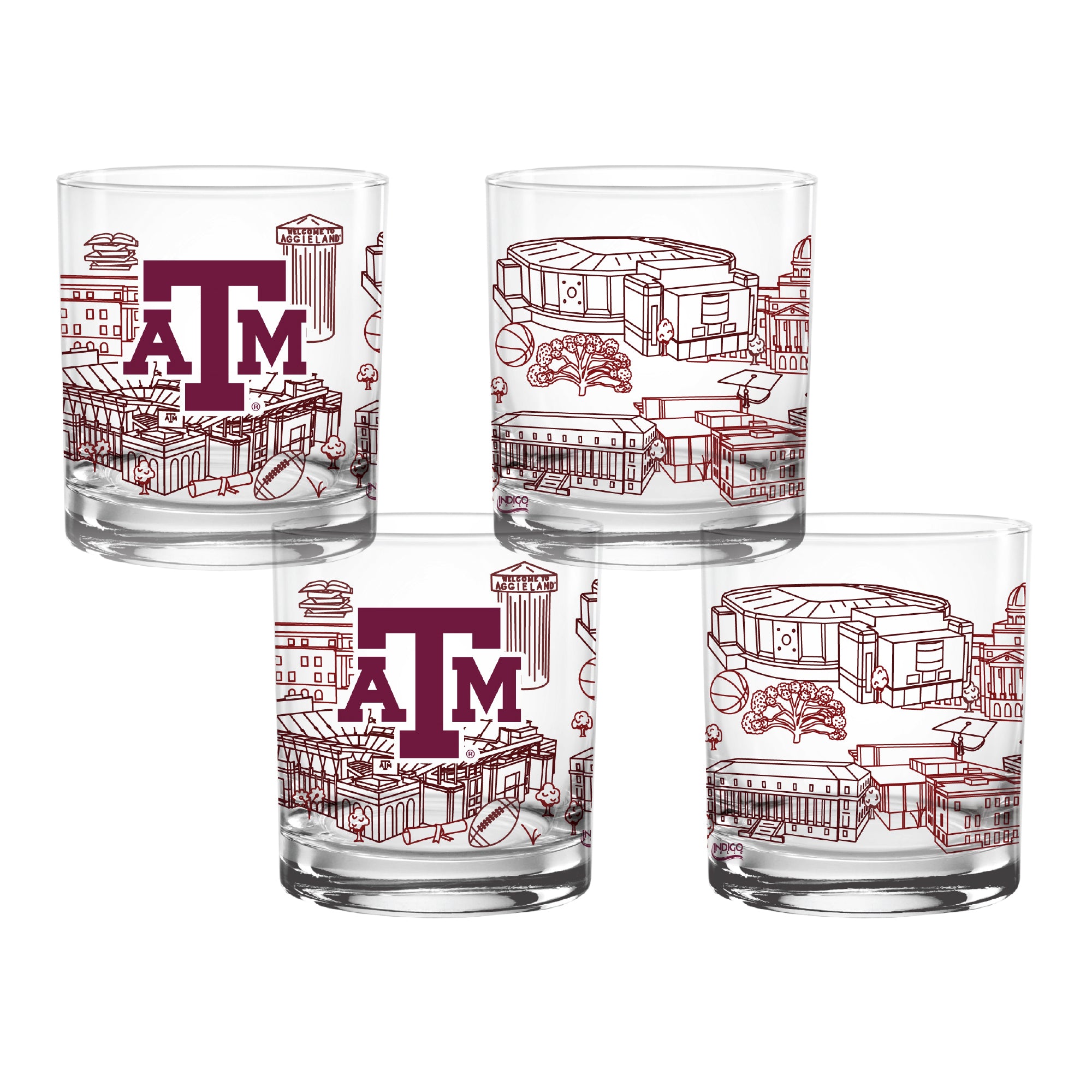 Set of 4 Texas A&M Aggies Campus Line Art 14oz Rocks Glasses
