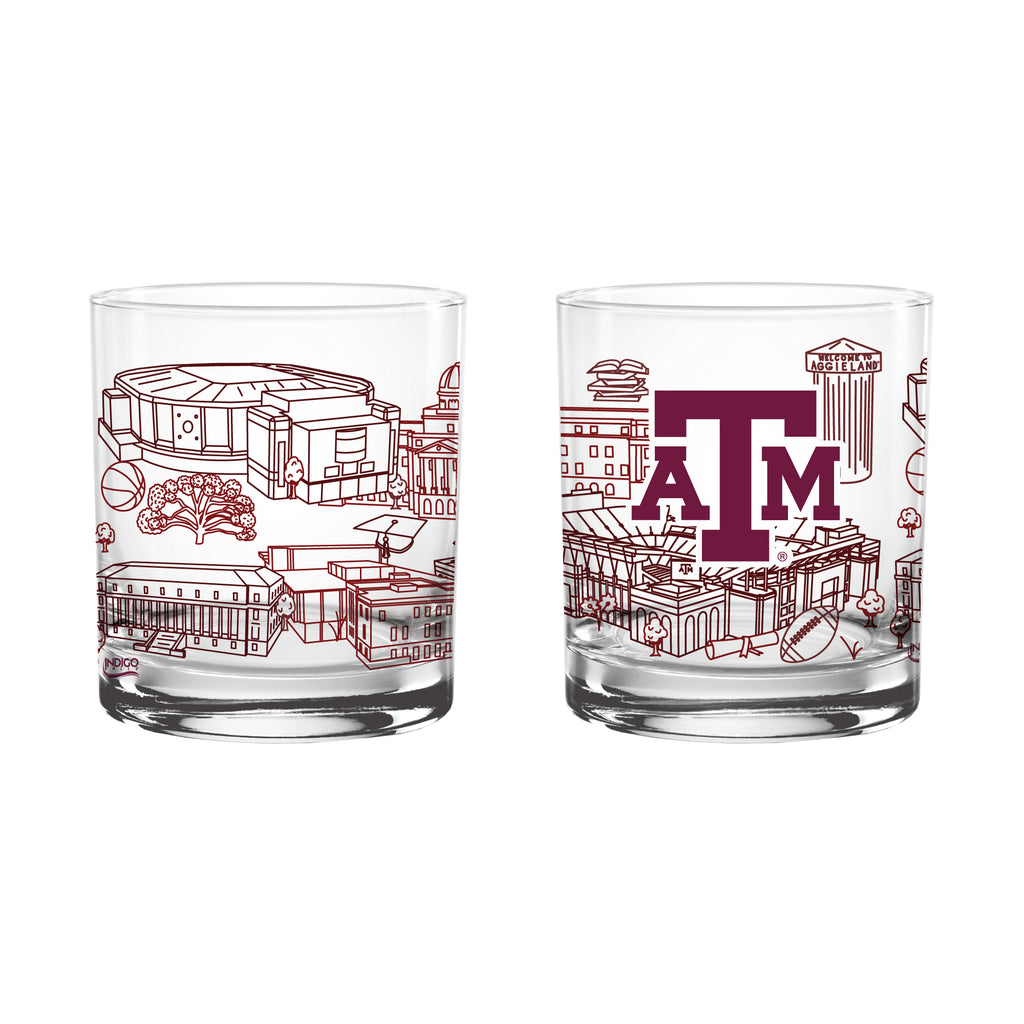 Set of 2 Texas A&M Aggies Campus Line Art 14oz Rocks Glasses