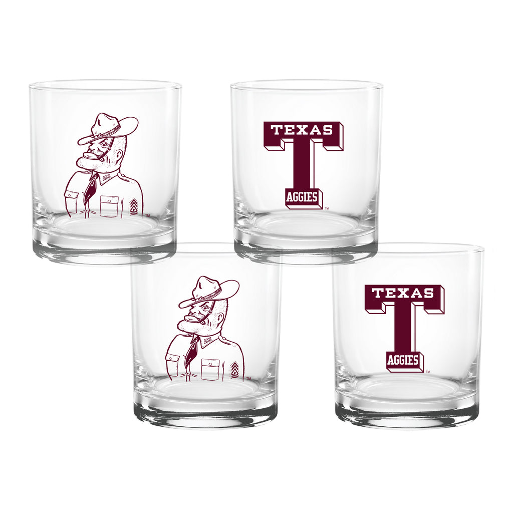Set of 4 Texas A&M Aggies College Vault Sketch 14oz Rocks Glasses