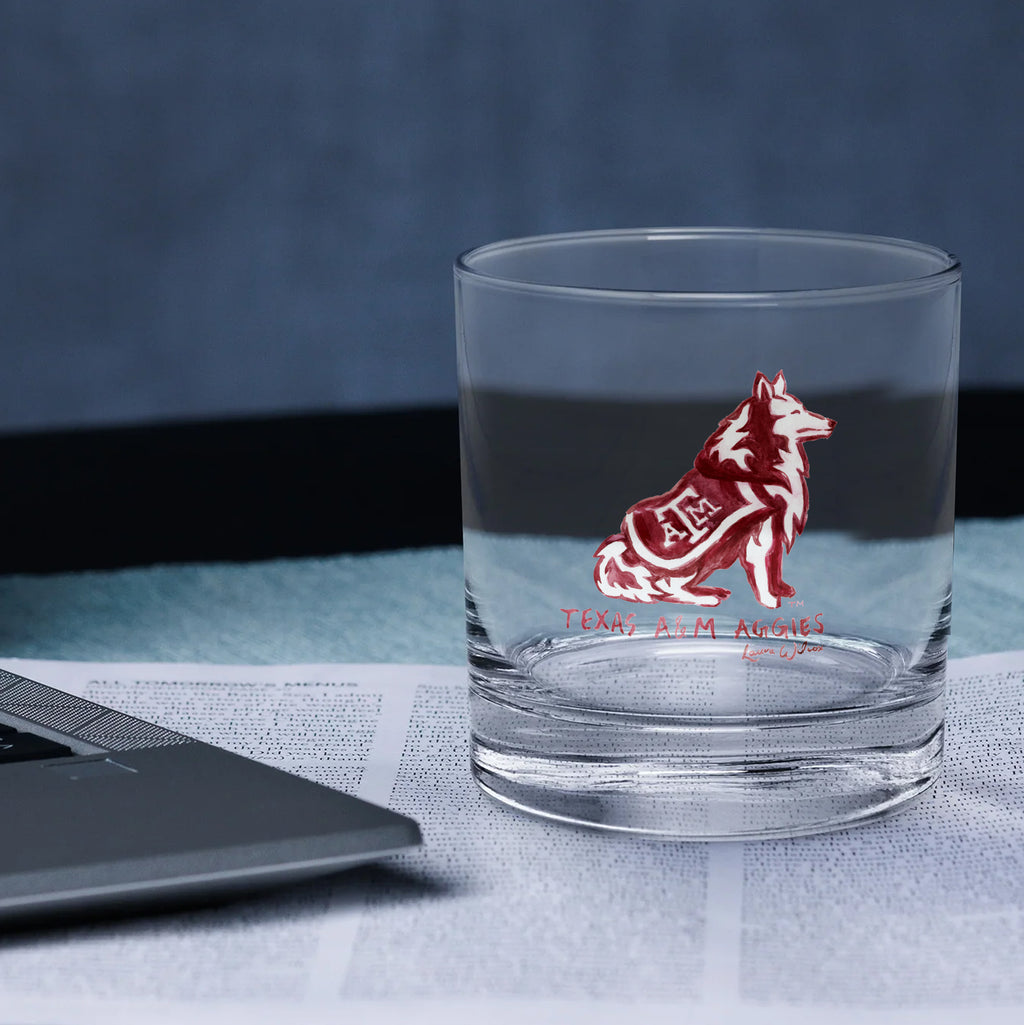 Set of 4 Texas A&M Aggies Mascot by Laura Wilcox 14oz Rocks Glasses