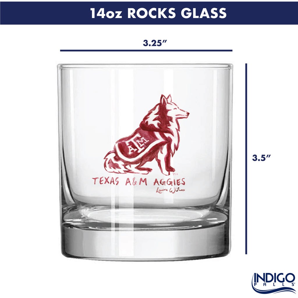Set of 4 Texas A&M Aggies Mascot by Laura Wilcox 14oz Rocks Glasses