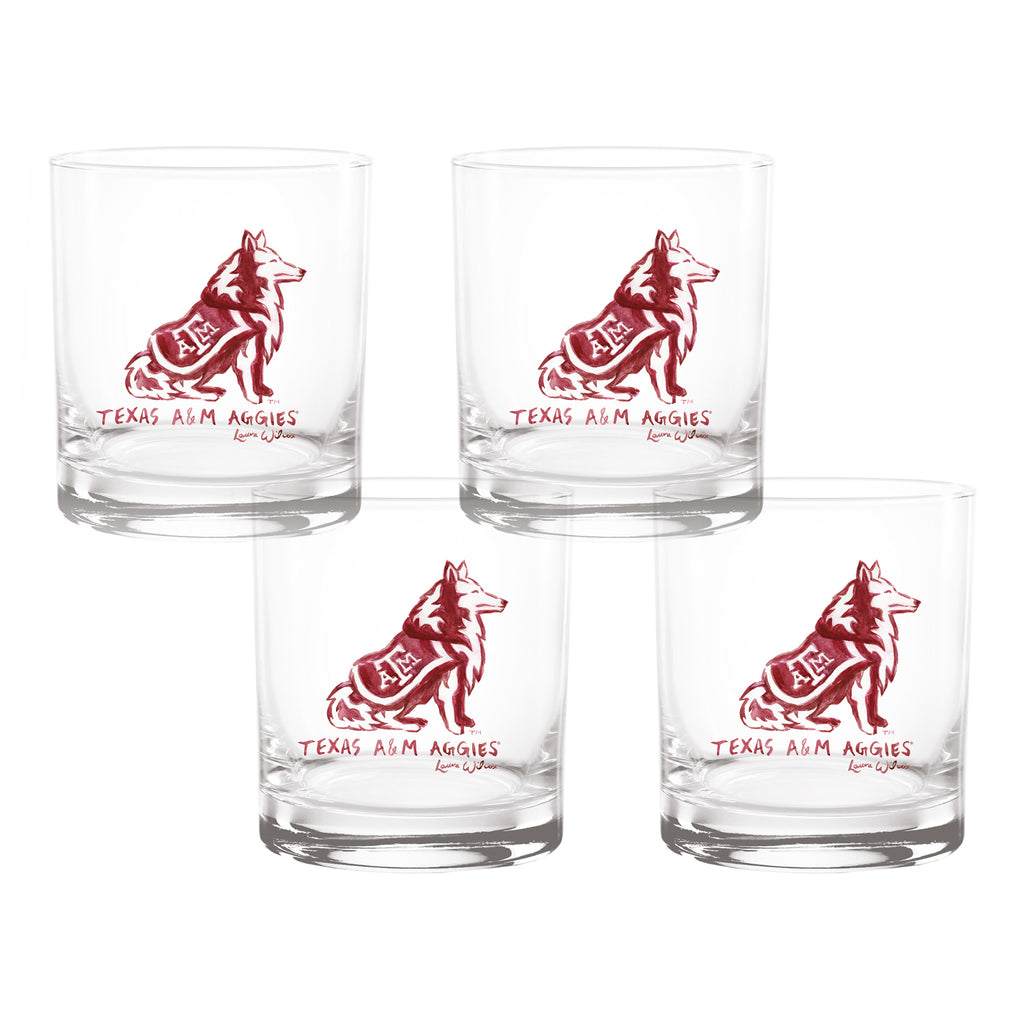 Set of 4 Texas A&M Aggies Mascot by Laura Wilcox 14oz Rocks Glasses