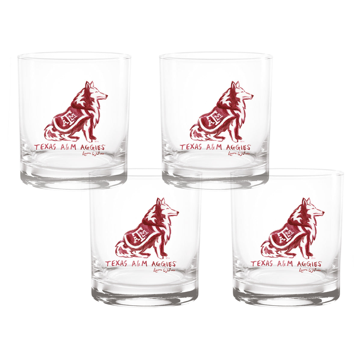 Set of 4 Texas A&M Aggies Mascot by Laura Wilcox 14oz Rocks Glasses