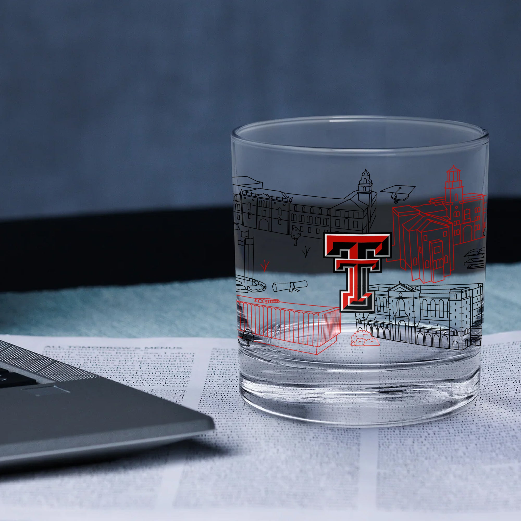 Set of 4 Texas Tech Red Raiders Campus Line Art 14oz Rocks Glasses