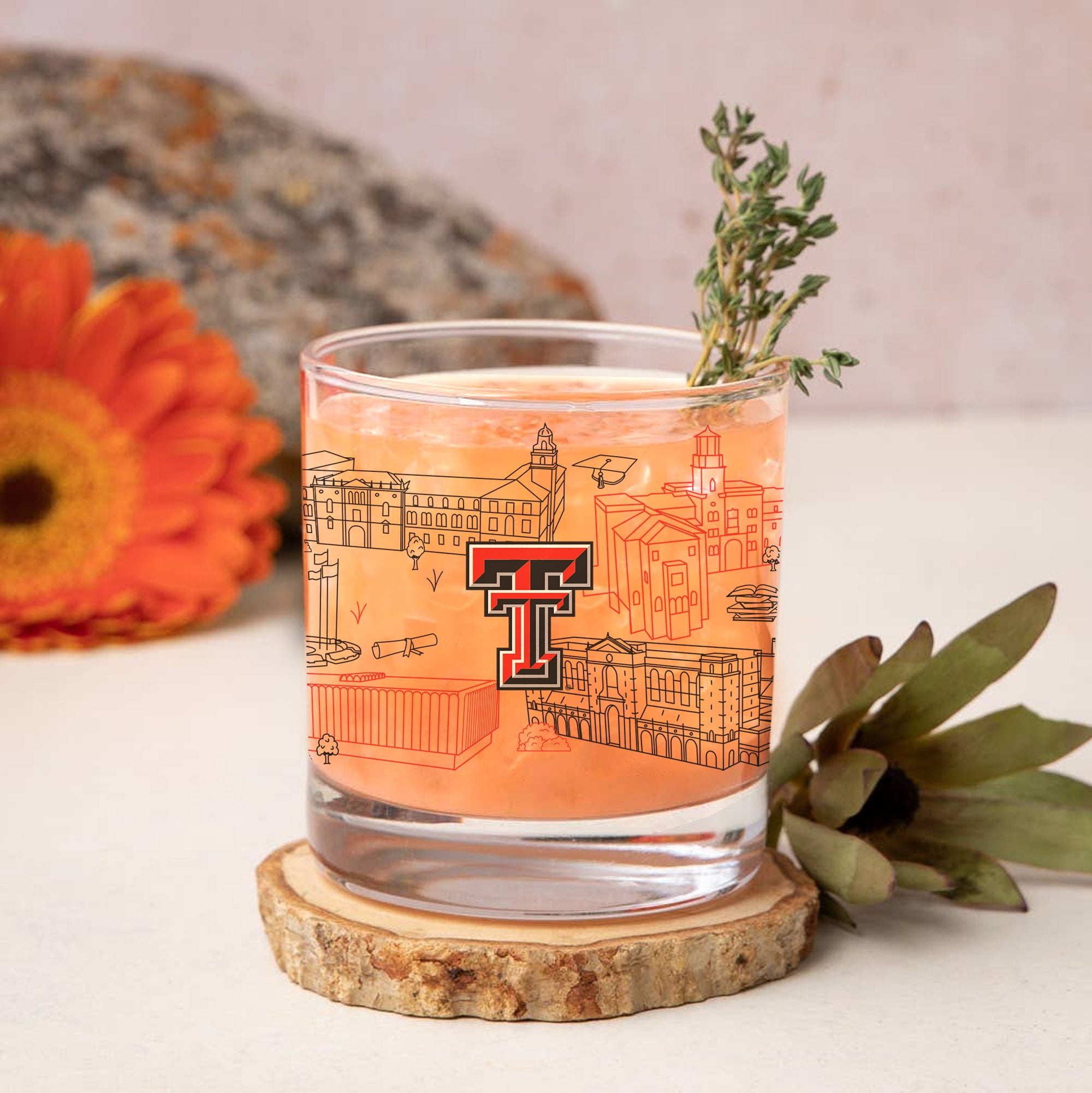 Set of 4 Texas Tech Red Raiders Campus Line Art 14oz Rocks Glasses