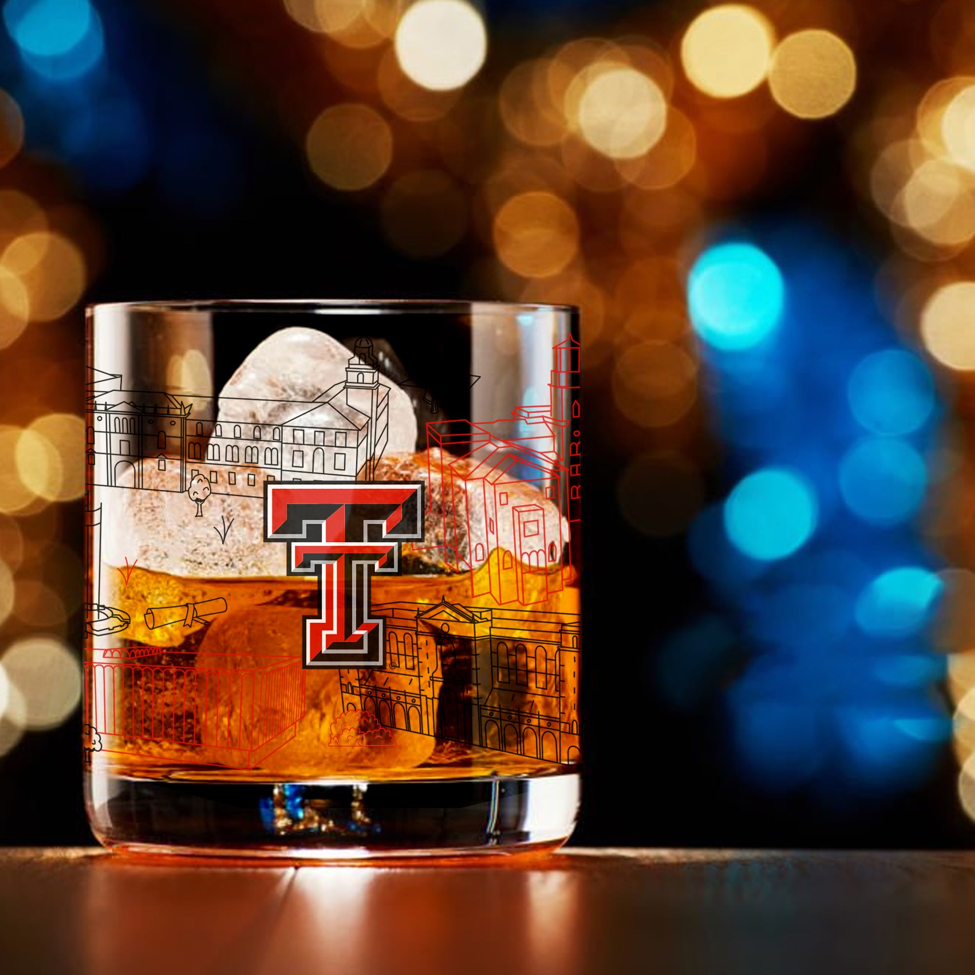 Set of 4 Texas Tech Red Raiders Campus Line Art 14oz Rocks Glasses