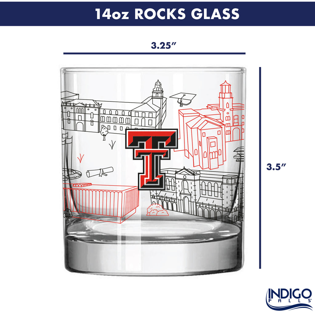 Set of 4 Texas Tech Red Raiders Campus Line Art 14oz Rocks Glasses