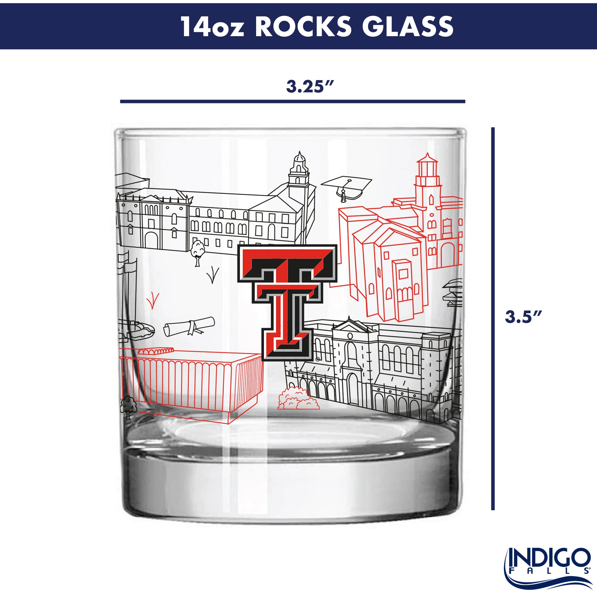 Set of 4 Texas Tech Red Raiders Campus Line Art 14oz Rocks Glasses