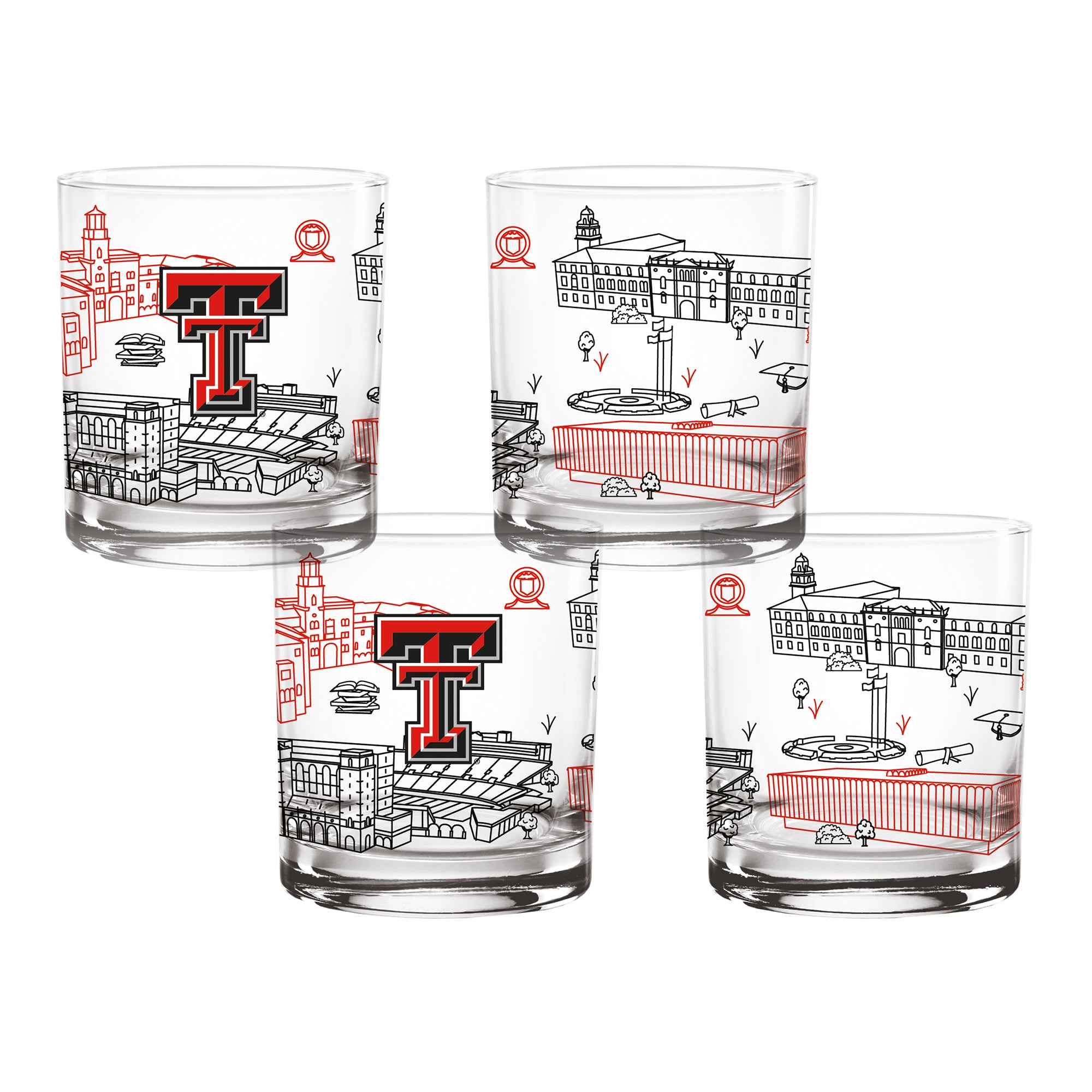 Set of 4 Texas Tech Red Raiders Campus Line Art 14oz Rocks Glasses
