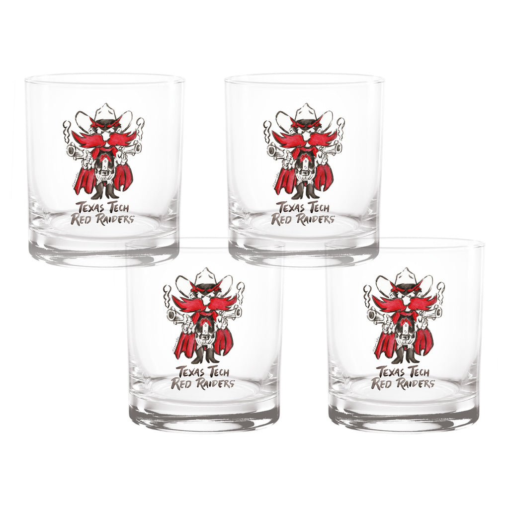 Set of 4 Texas Tech Red Raiders Mascot by Laura Wilcox 14oz Rocks Glasses