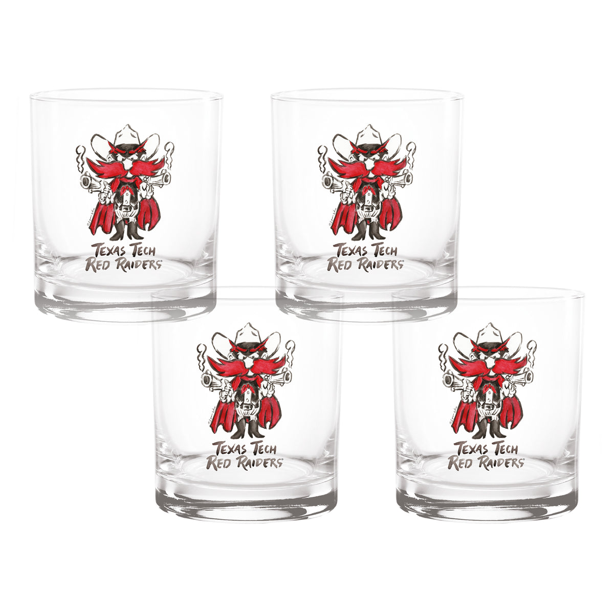 Set of 4 Texas Tech Red Raiders Mascot by Laura Wilcox 14oz Rocks Glasses