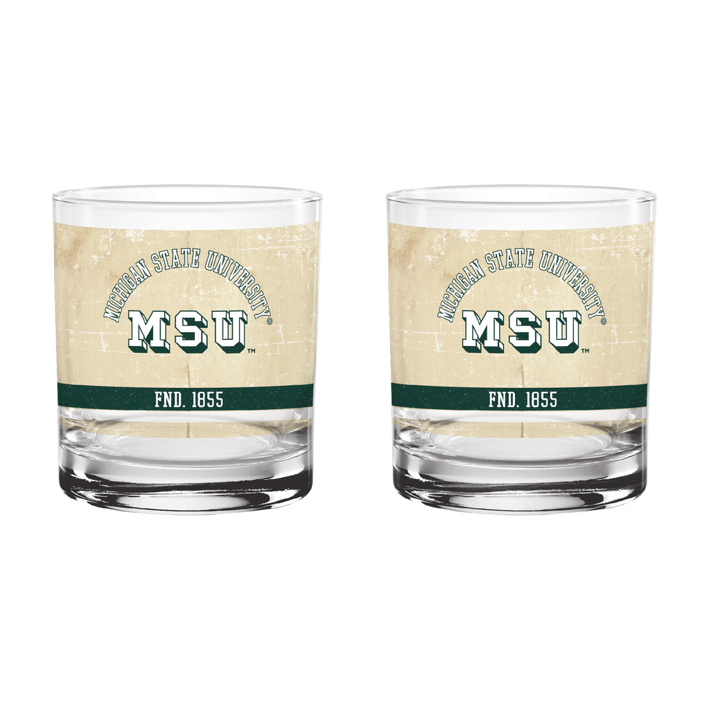 Michigan State Spartans Set of 2 College Vault Tan Retro 14oz Rocks Glasses