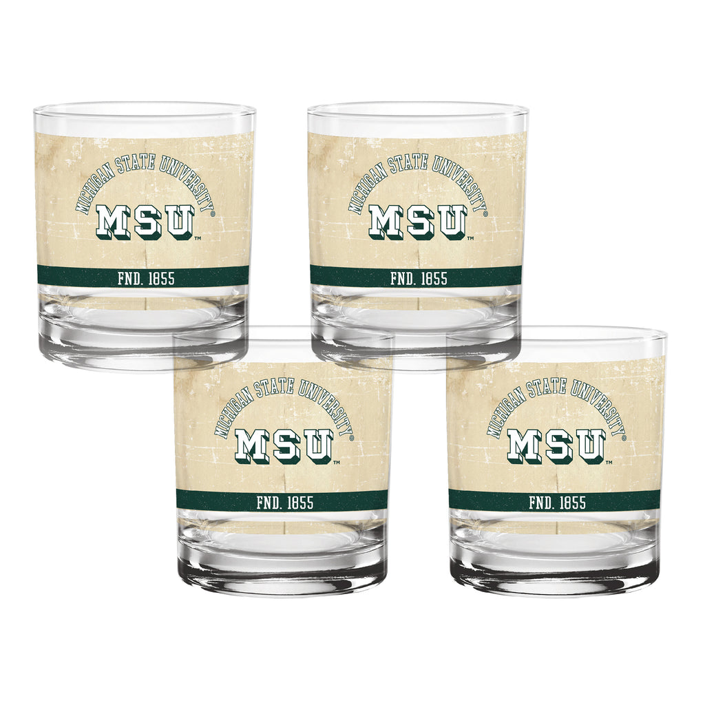 Set of 4 Michigan State Spartans College Vault Tan Retro 14oz Rocks Glasses