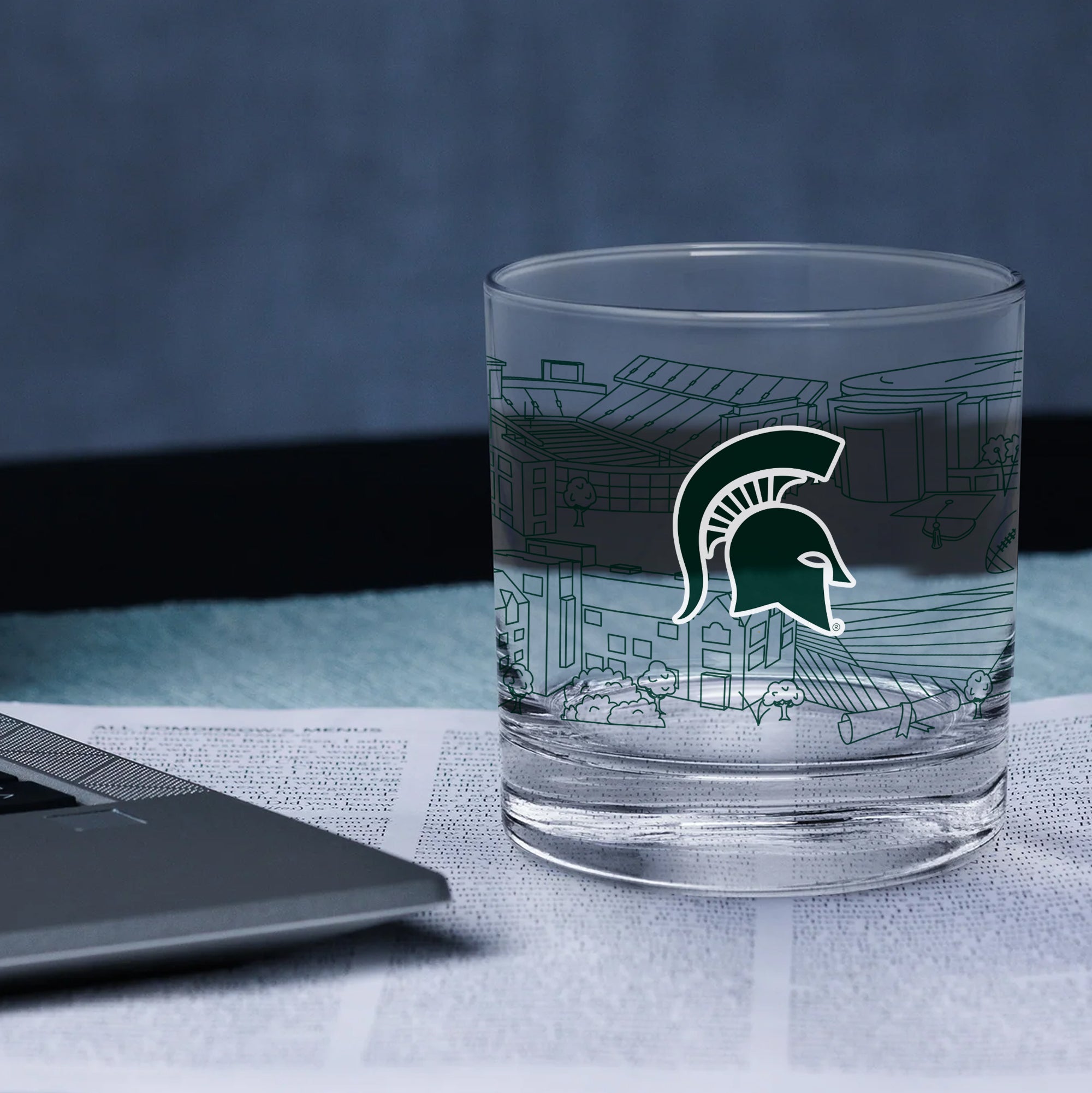 Set of 4 Michigan State Spartans Campus Line Art 14oz Rocks Glasses