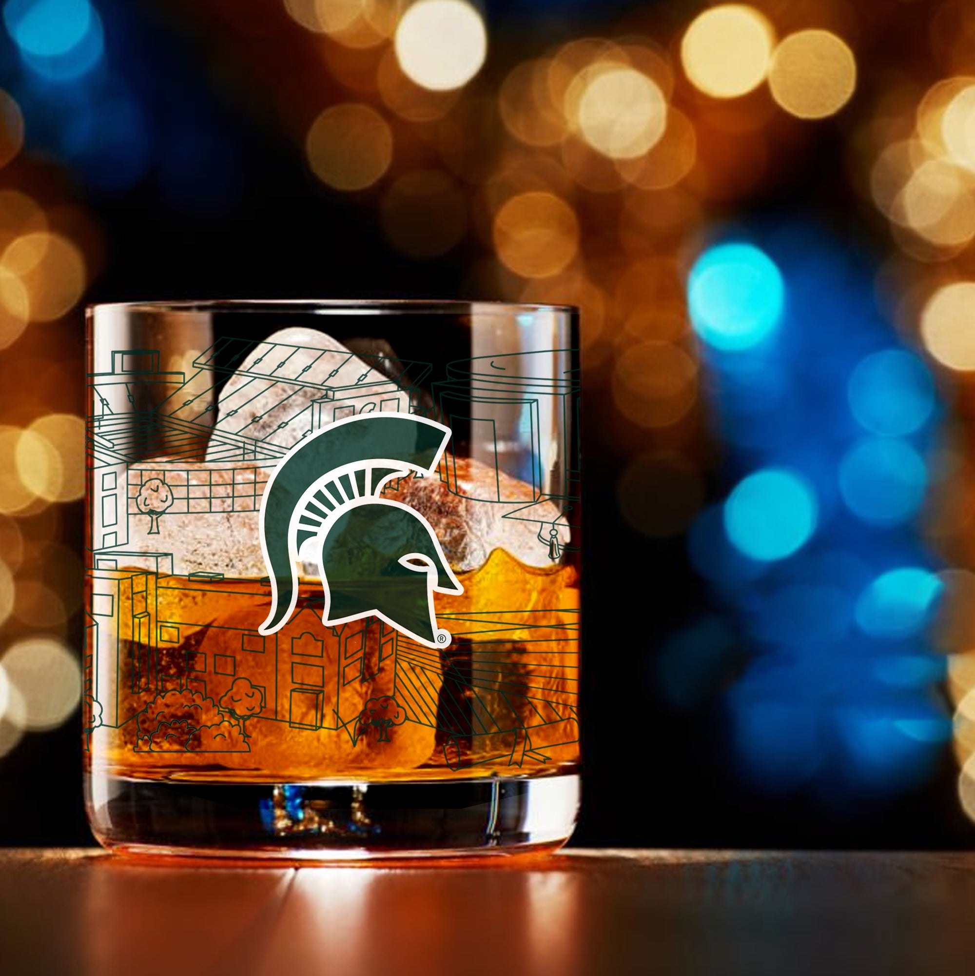 Set of 4 Michigan State Spartans Campus Line Art 14oz Rocks Glasses