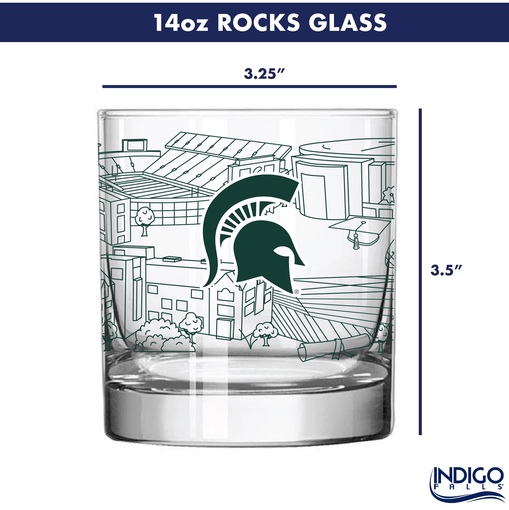 Set of 4 Michigan State Spartans Campus Line Art 14oz Rocks Glasses