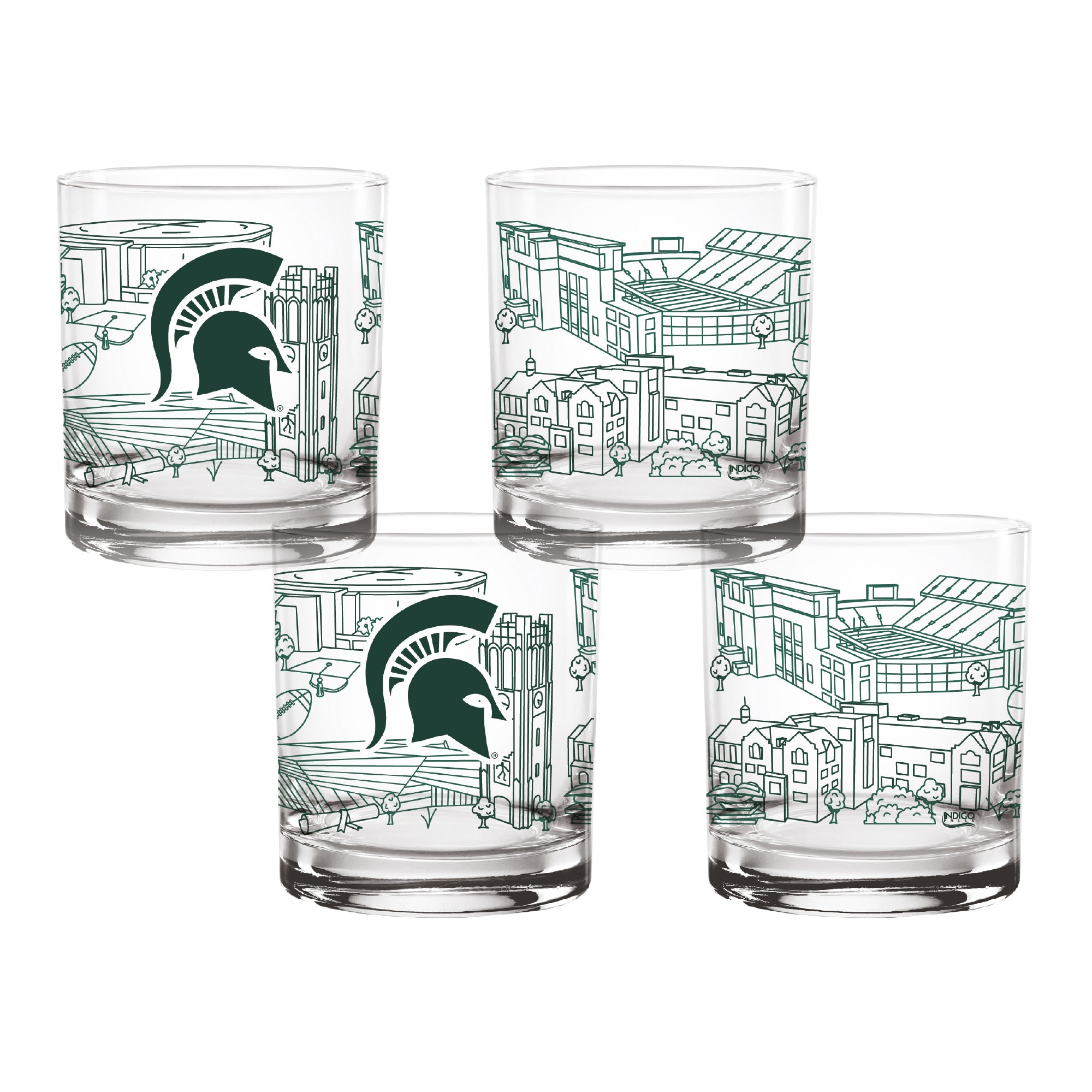 Set of 4 Michigan State Spartans Campus Line Art 14oz Rocks Glasses