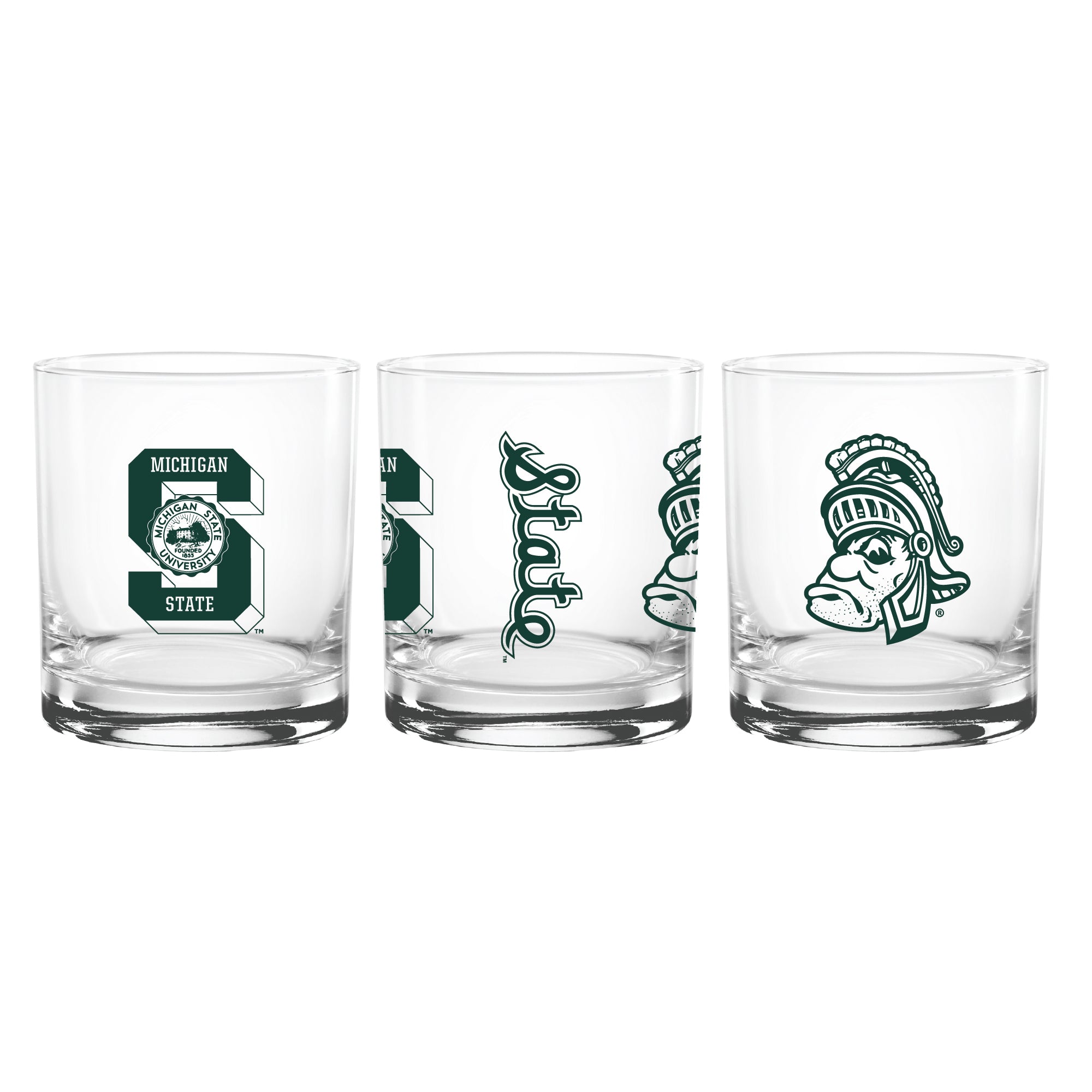 Set of 2 Michigan State Spartans College Vault Sketch 14oz Rocks Glasses