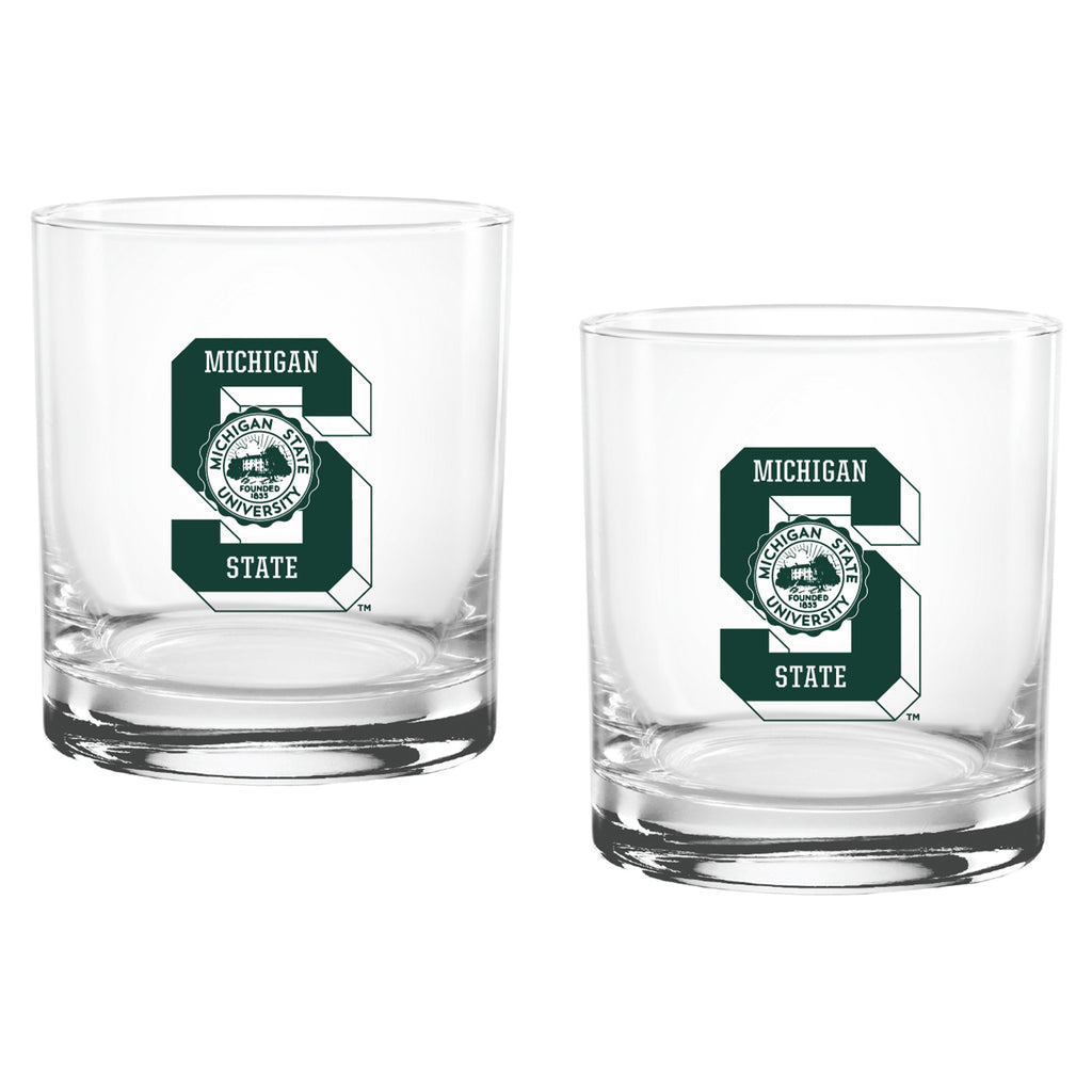 Set of 2 Michigan State Spartans College Vault Sketch 14oz Rocks Glasses