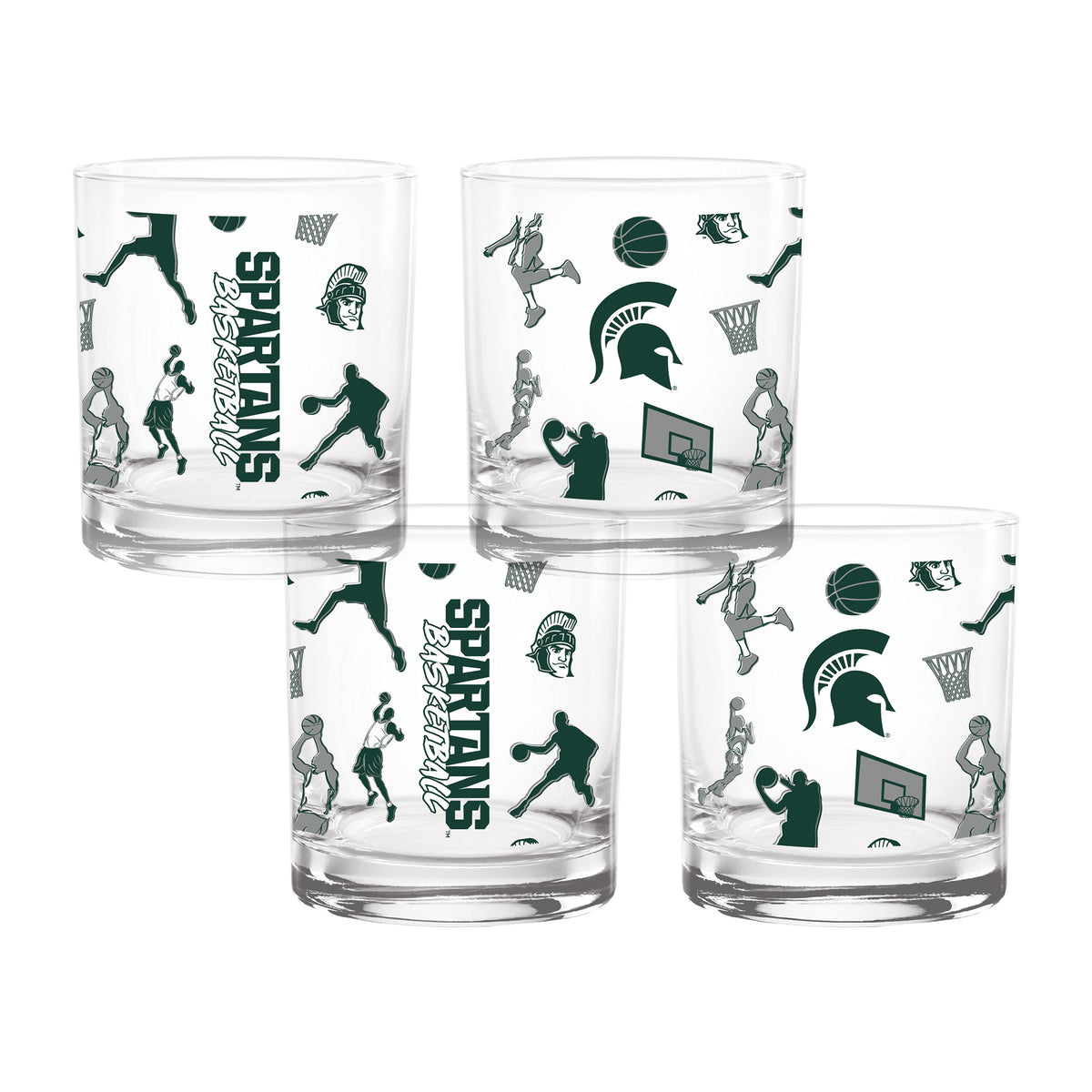 Set of 4 Michigan State Spartans Basketball Sketch 14oz Rocks Glasses