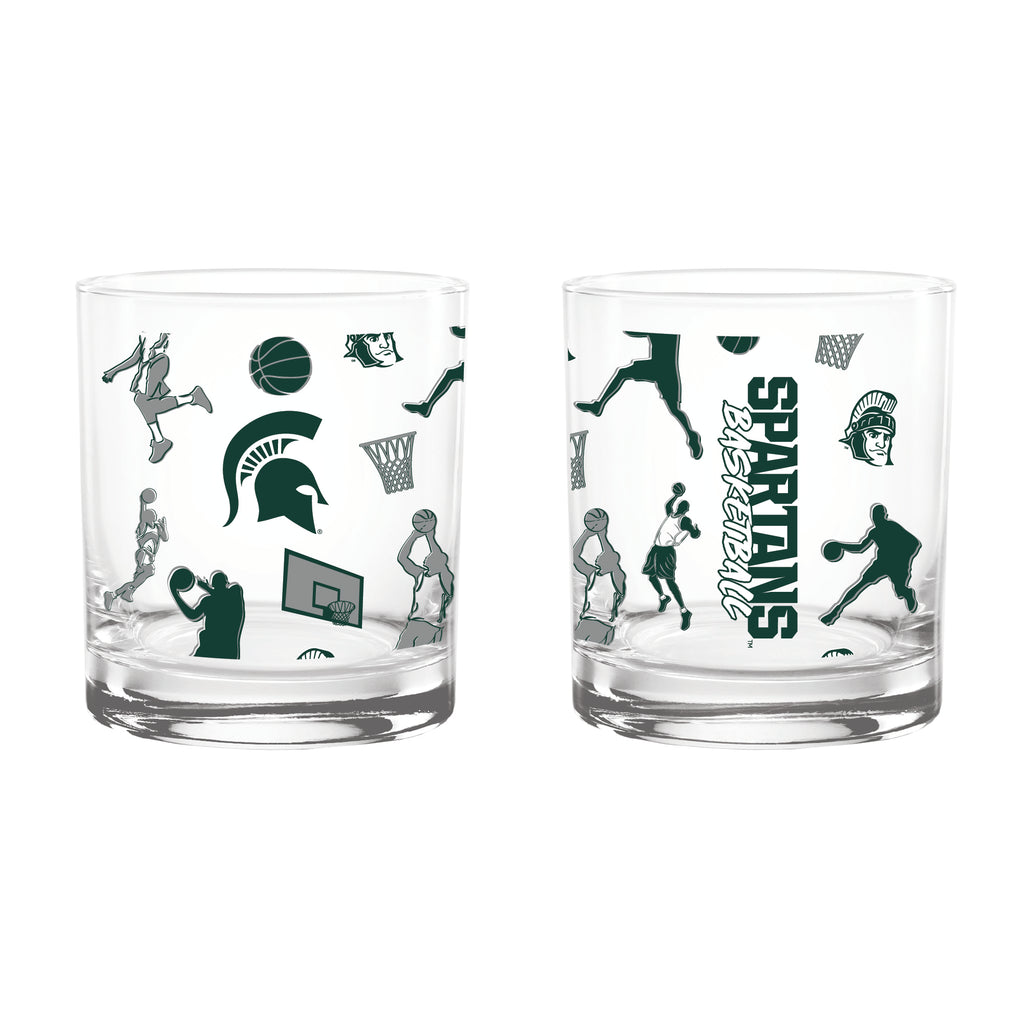 Set of 2 Michigan State Spartans Basketball Sketch 14oz Rocks Glasses