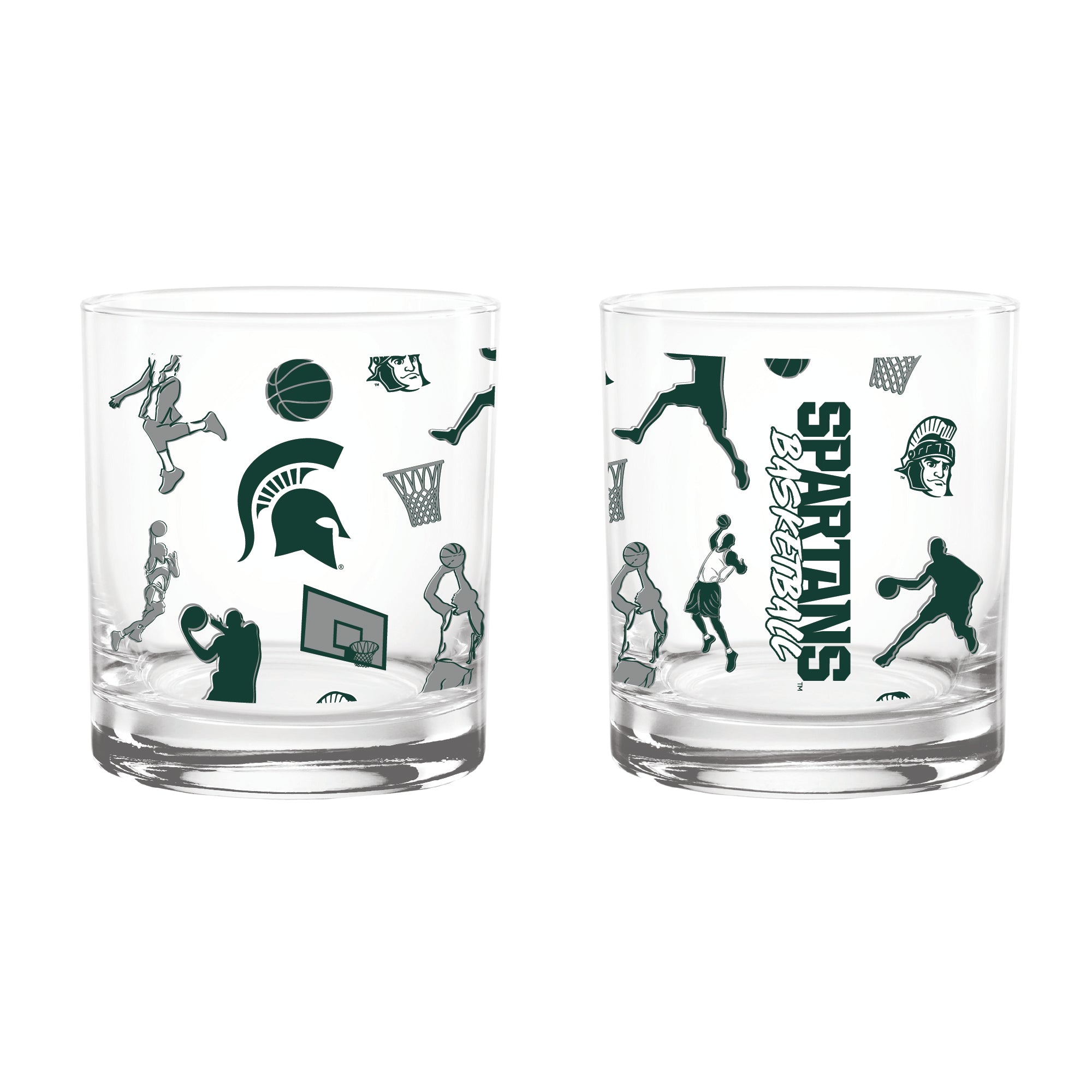 Set of 2 Michigan State Spartans Basketball Sketch 14oz Rocks Glasses