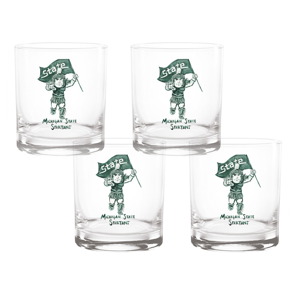 Set of 4 Michigan State Spartans Mascot by Laura Wilcox 14oz Rocks Glasses