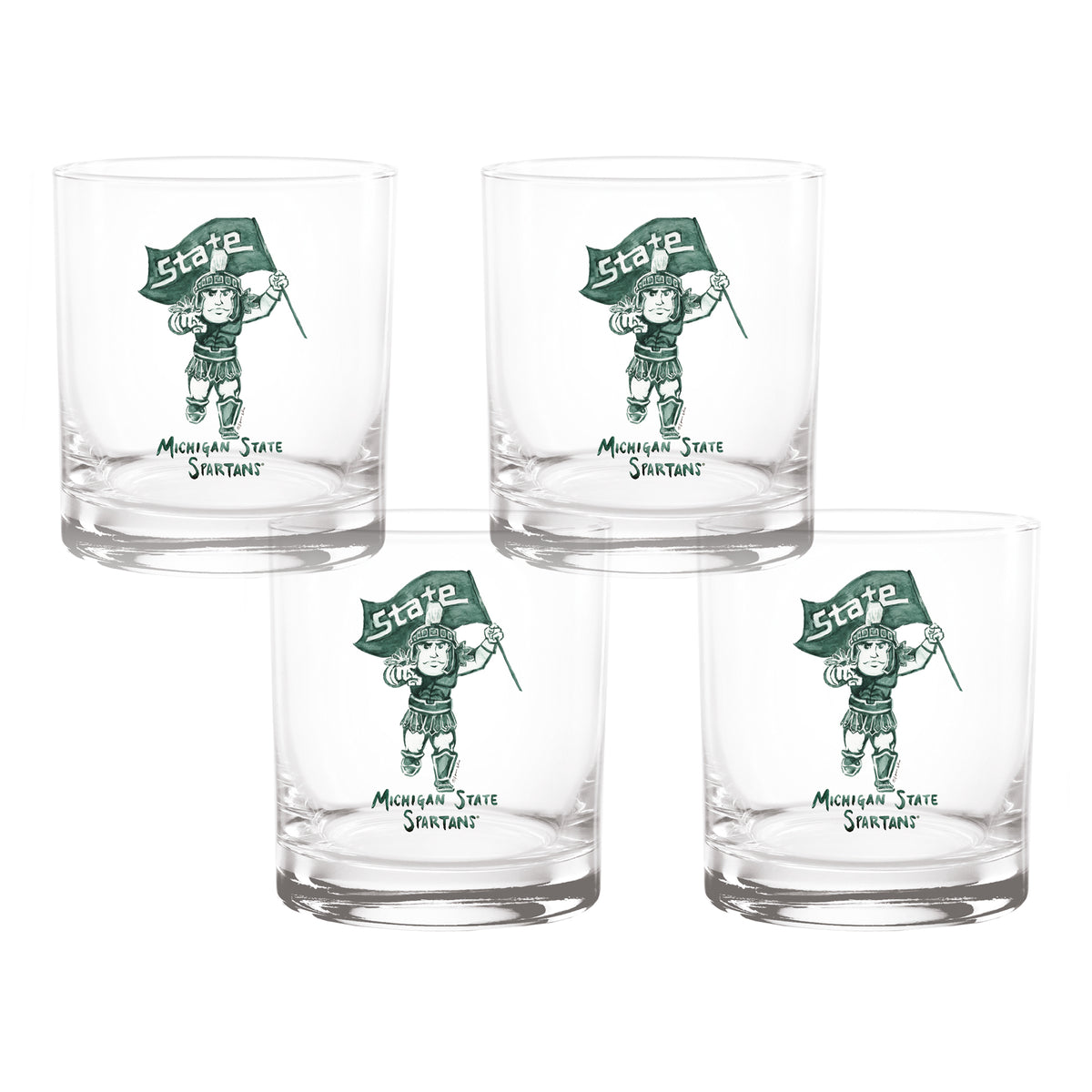 Set of 4 Michigan State Spartans Mascot by Laura Wilcox 14oz Rocks Glasses