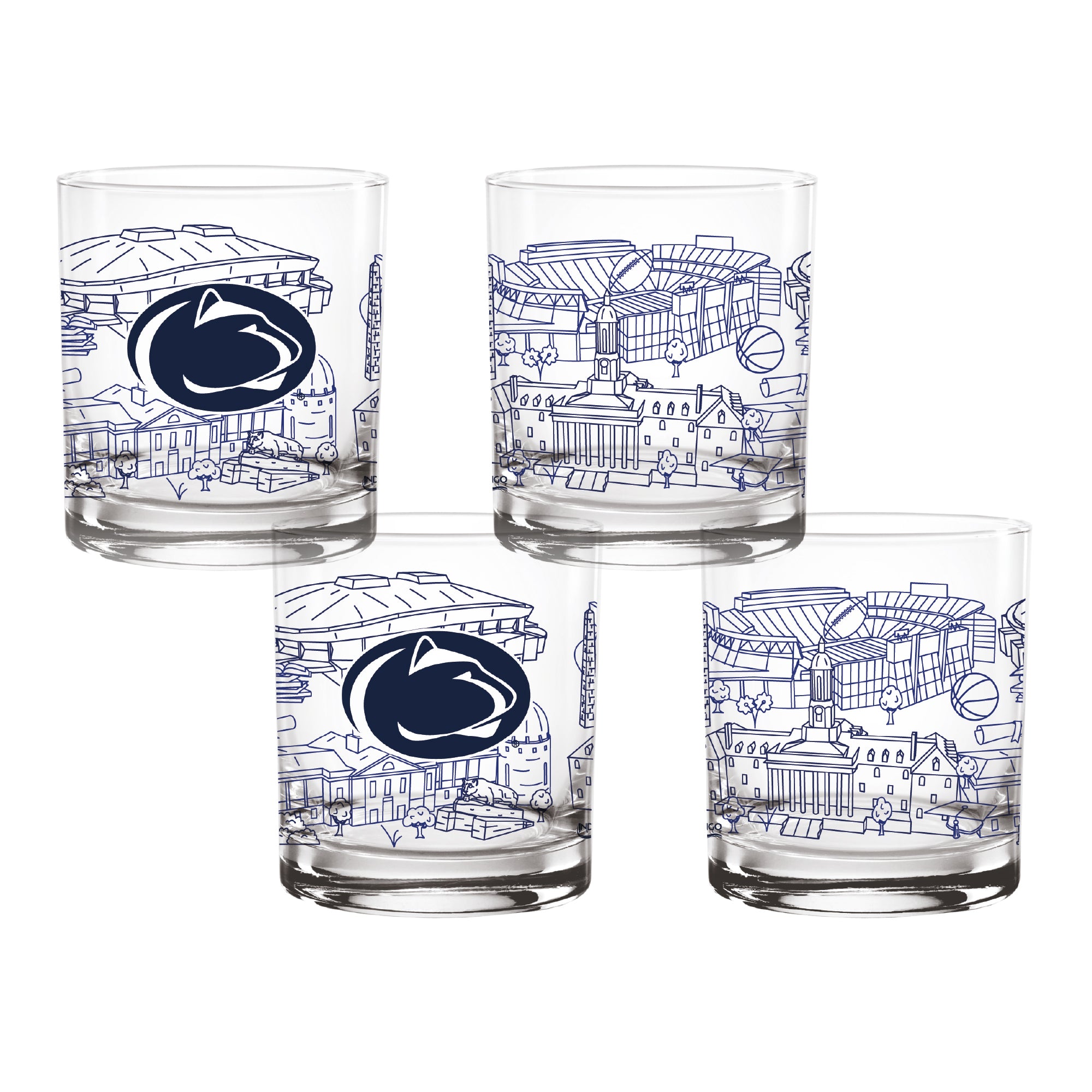 Set of 4 Penn State Nittany Lions Campus Line Art 14oz Rocks Glasses