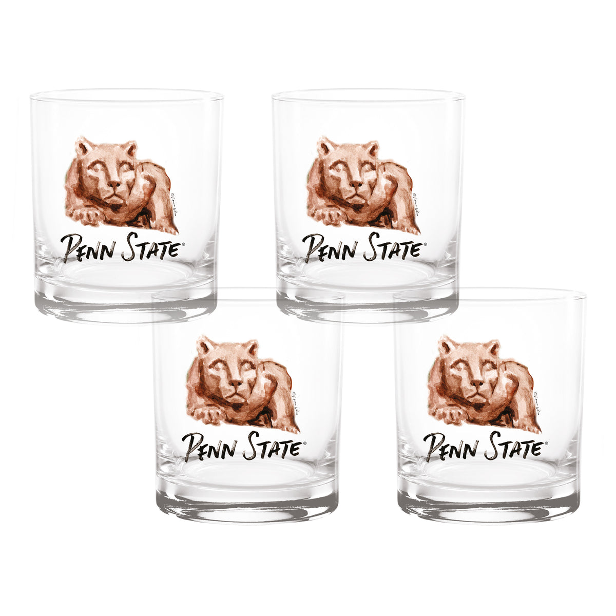 Set of 4 Penn State Nittany Lions Mascot by Laura Wilcox 14oz Rocks Glasses