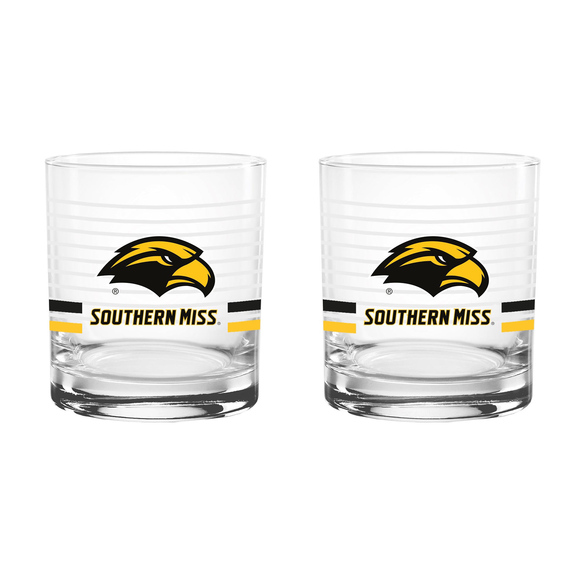 Set of 2 Southern Miss Golden Eagles 14oz Ring Rocks Glasses