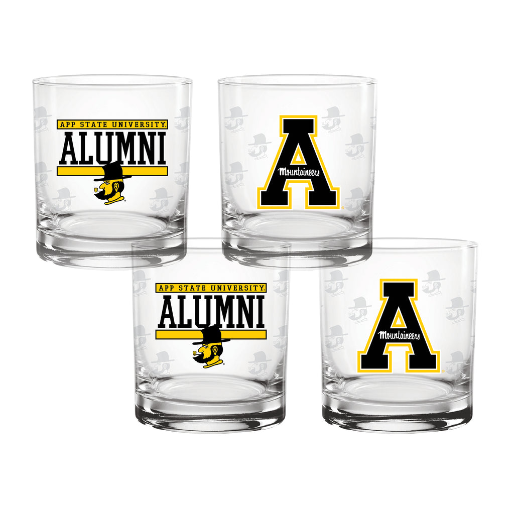 Set of 4 App State Mountaineers 14oz Alumni Rocks Glasses
