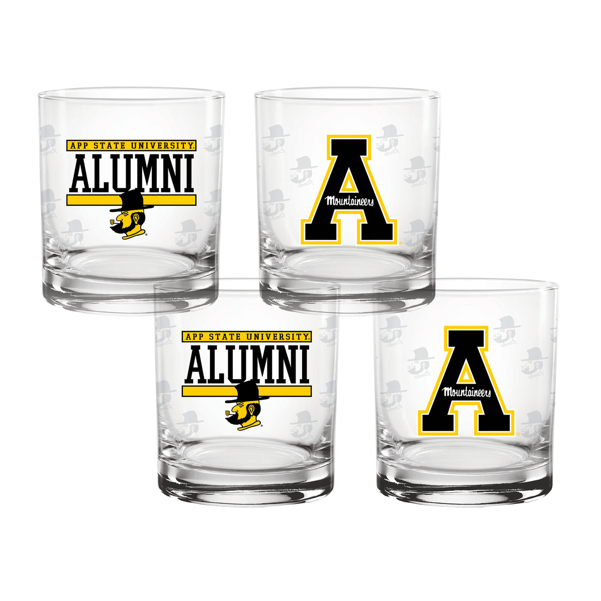 Set of 4 App State Mountaineers 14oz Alumni Rocks Glasses