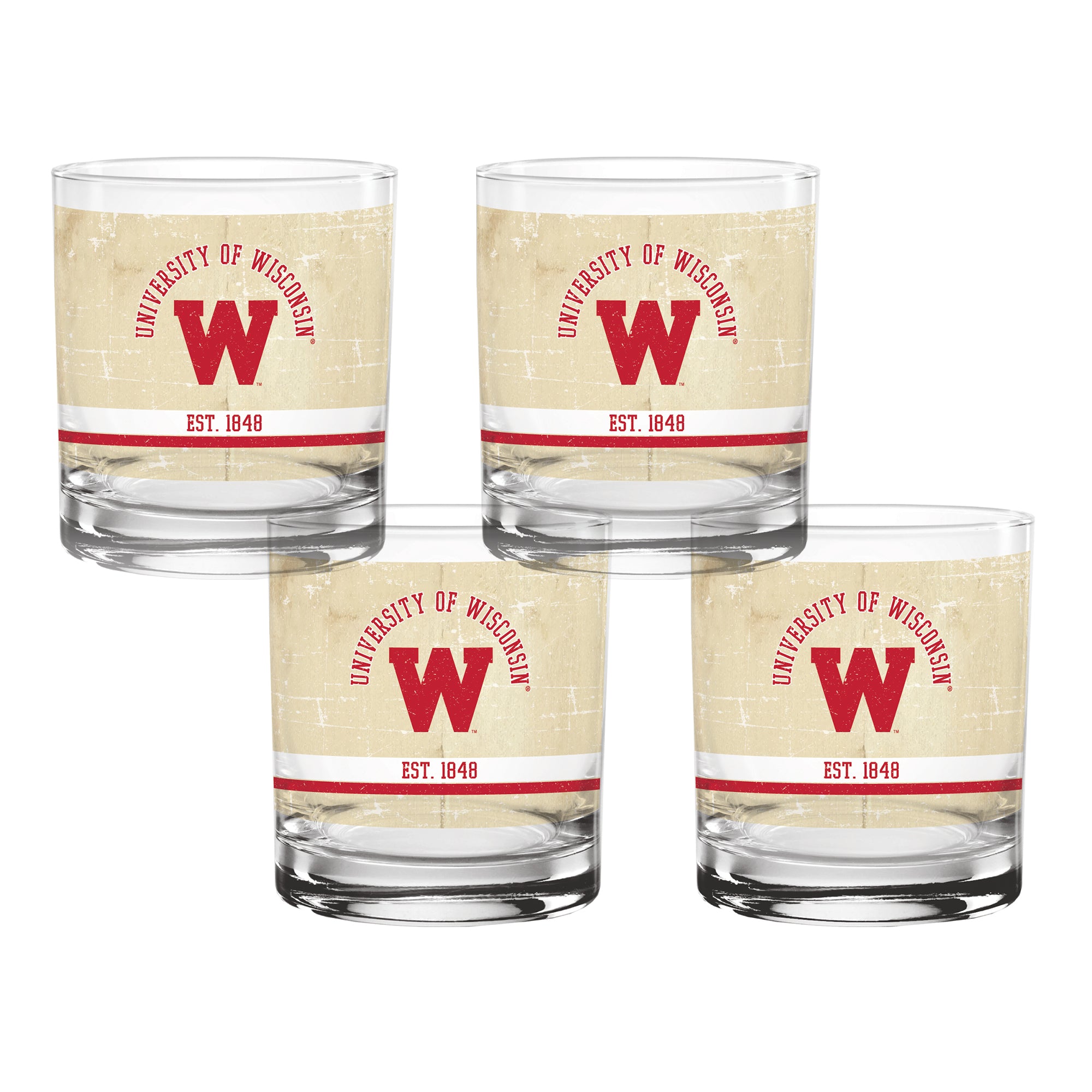 Set of 4 Wisconsin Badgers College Vault Tan Retro 14oz Rocks Glasses