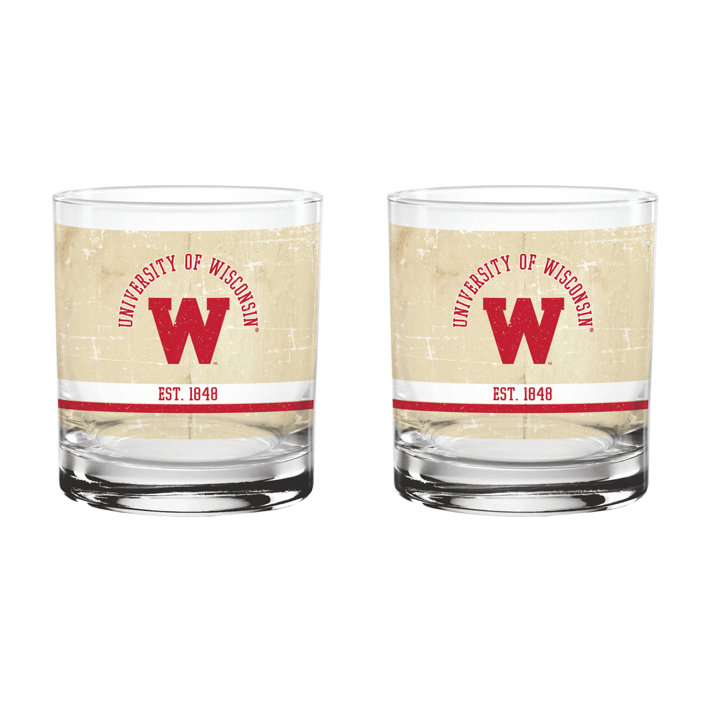 Wisconsin Badgers Set of 2 College Vault Tan Retro 14oz Rocks Glasses