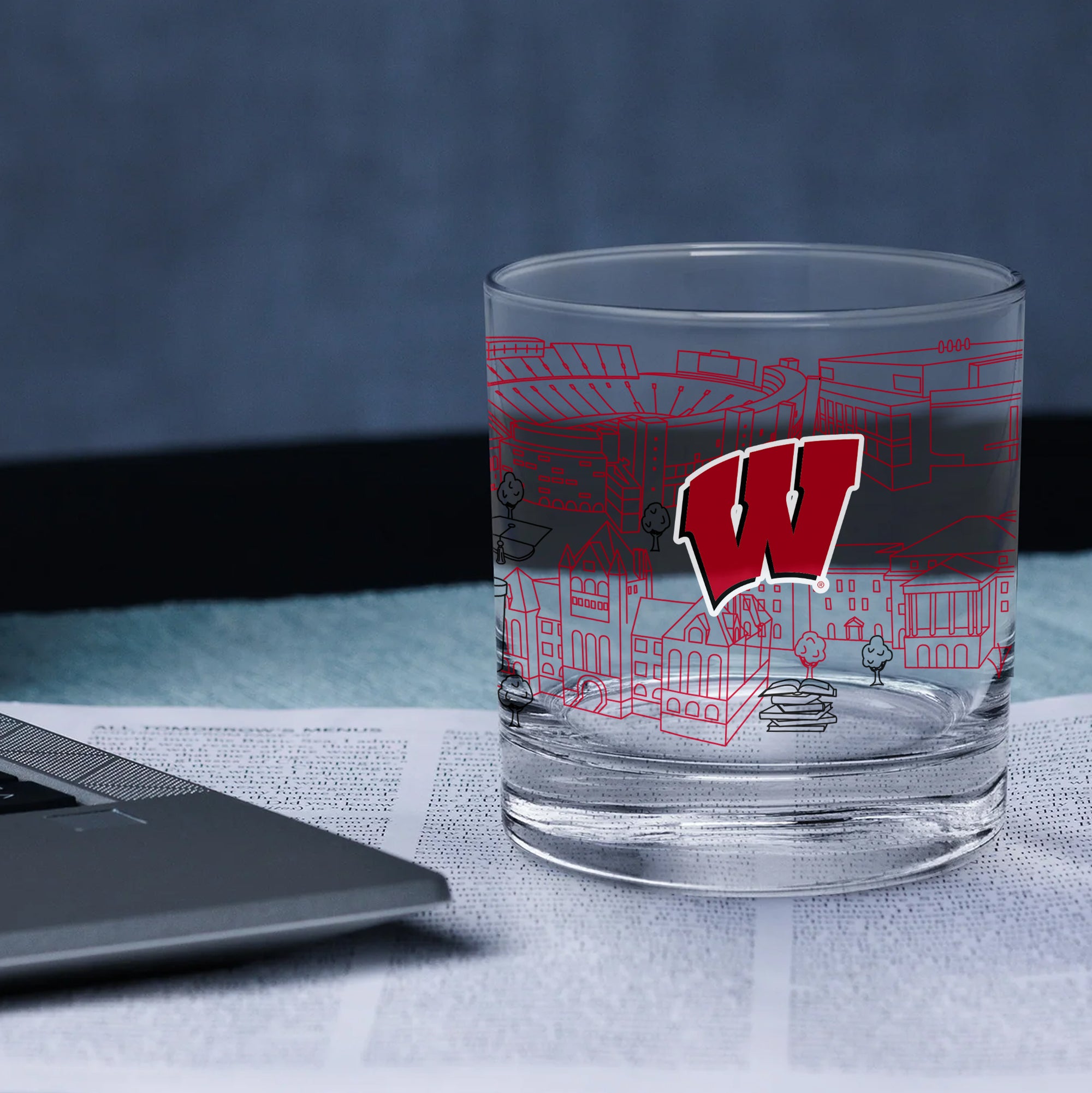 Set of 4 Wisconsin Badgers Campus Line Art 14oz Rocks Glasses