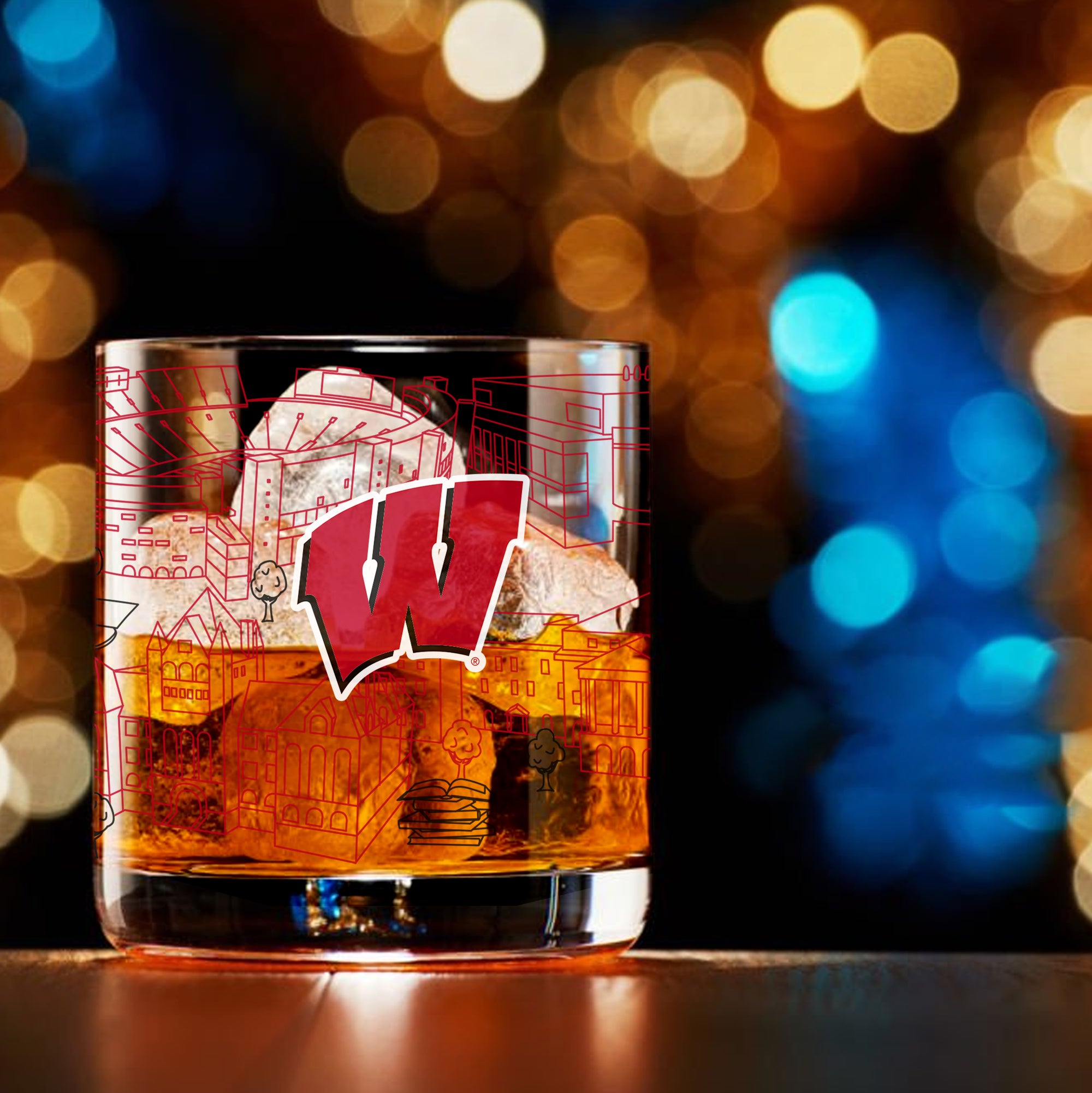 Set of 4 Wisconsin Badgers Campus Line Art 14oz Rocks Glasses