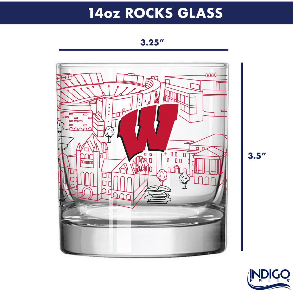 Set of 4 Wisconsin Badgers Campus Line Art 14oz Rocks Glasses