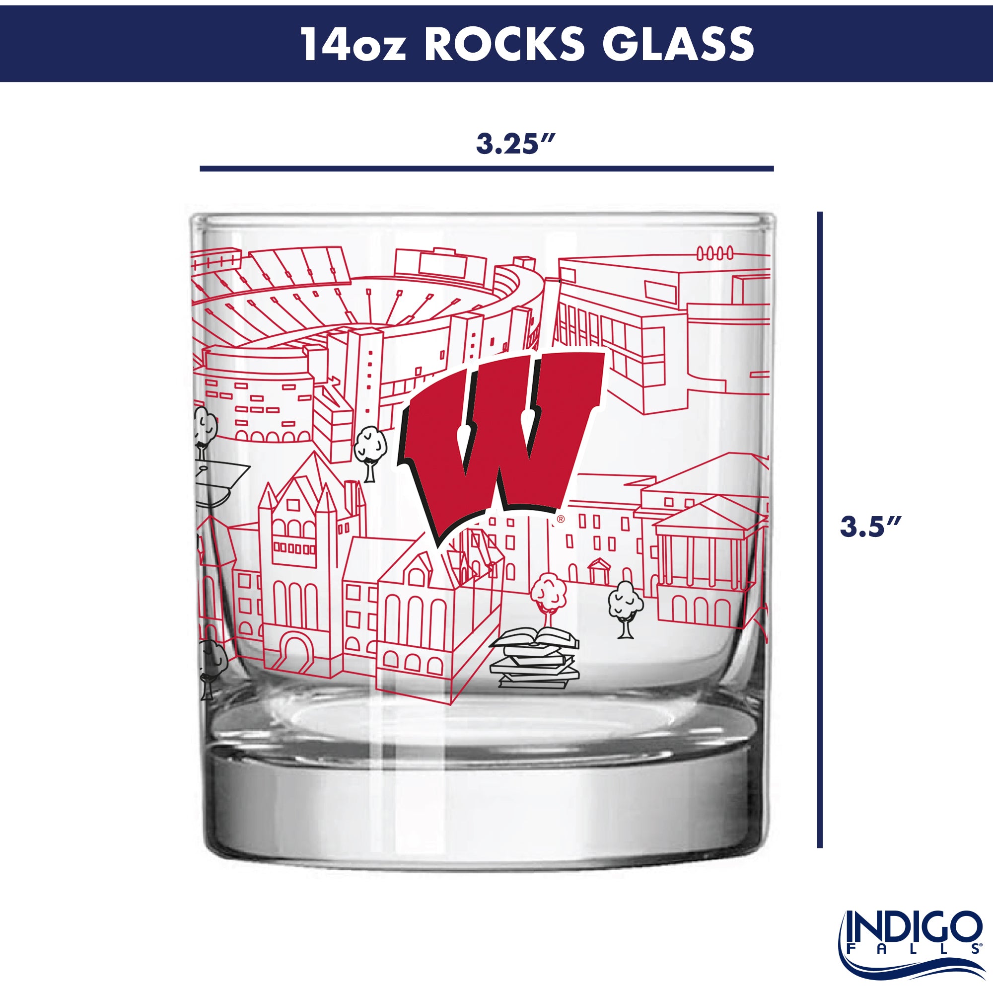 Set of 4 Wisconsin Badgers Campus Line Art 14oz Rocks Glasses