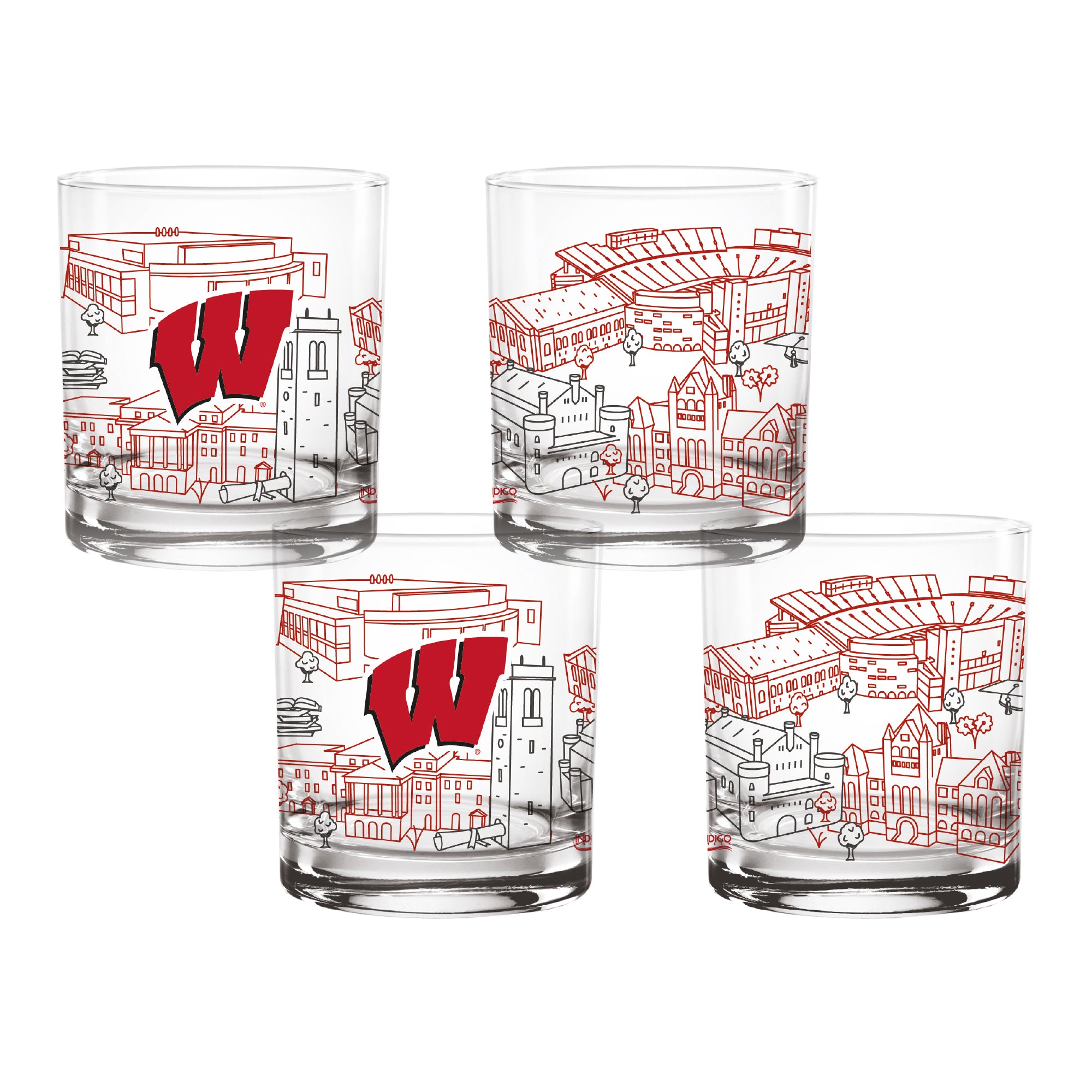 Set of 4 Wisconsin Badgers Campus Line Art 14oz Rocks Glasses