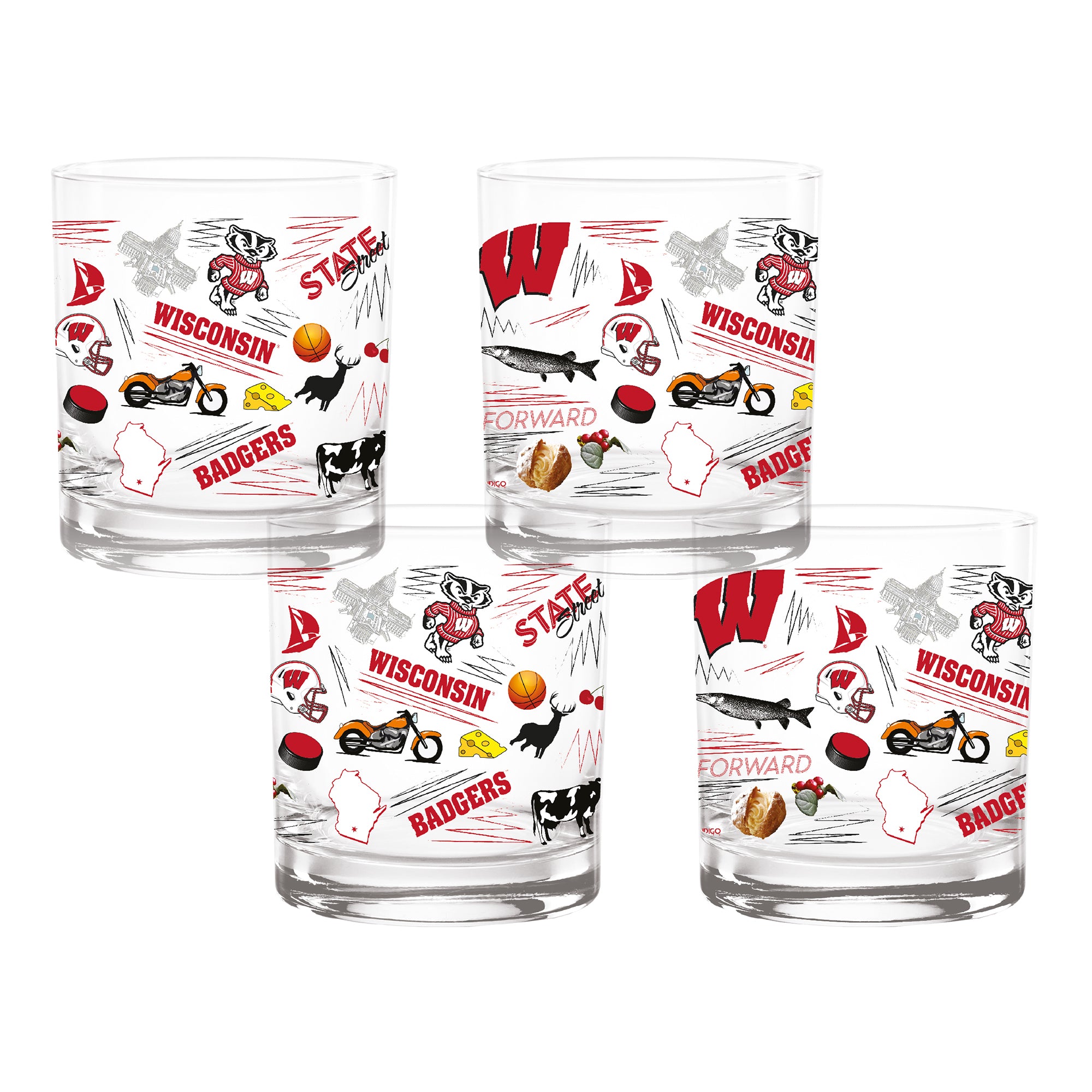 Set of 4 Wisconsin Badgers 14oz Local Rocks Glasses