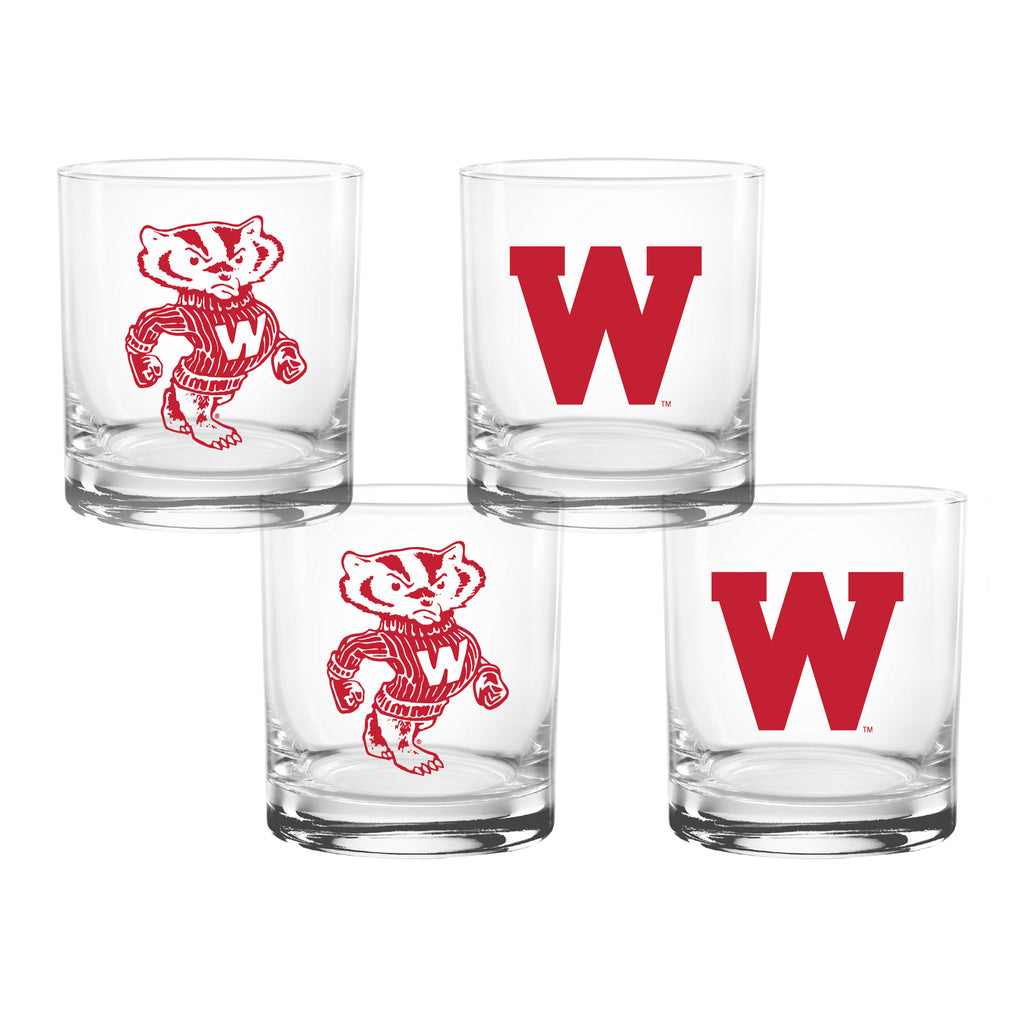 Set of 4 Wisconsin Badgers College Vault Sketch 14oz Rocks Glasses