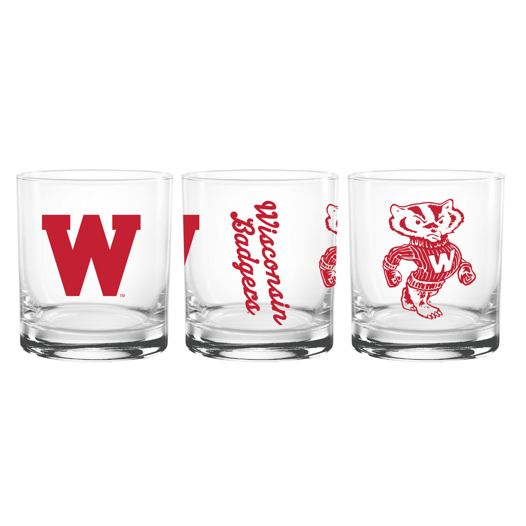 Set of 2 Wisconsin Badgers College Vault Sketch 14oz Rocks Glasses