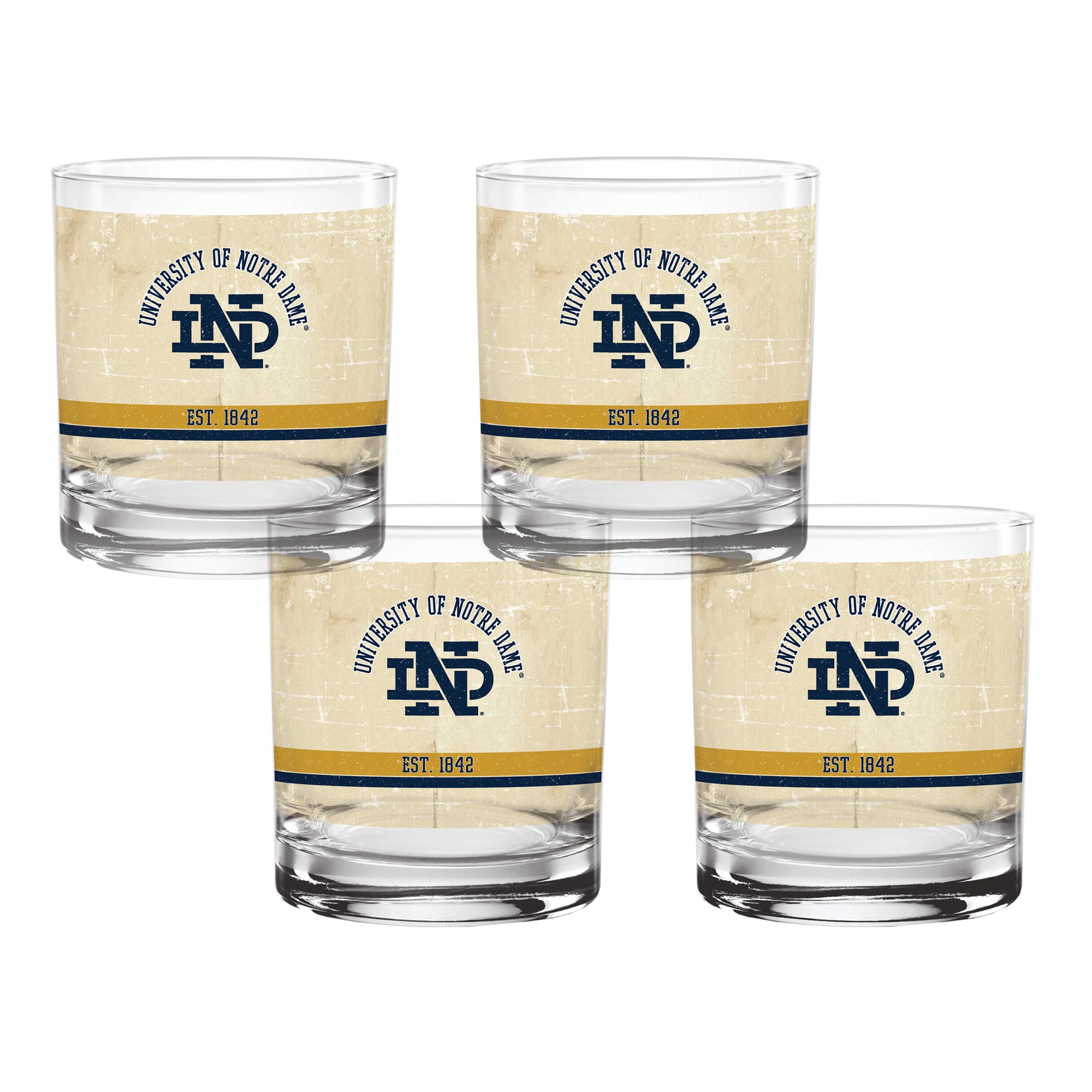 Set of 4 Notre Dame Fighting Irish College Vault Tan Retro 14oz Rocks Glasses