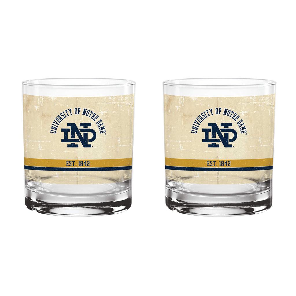 Notre Dame Fighting Irish Set of 2 College Vault Tan Retro 14oz Rocks Glasses