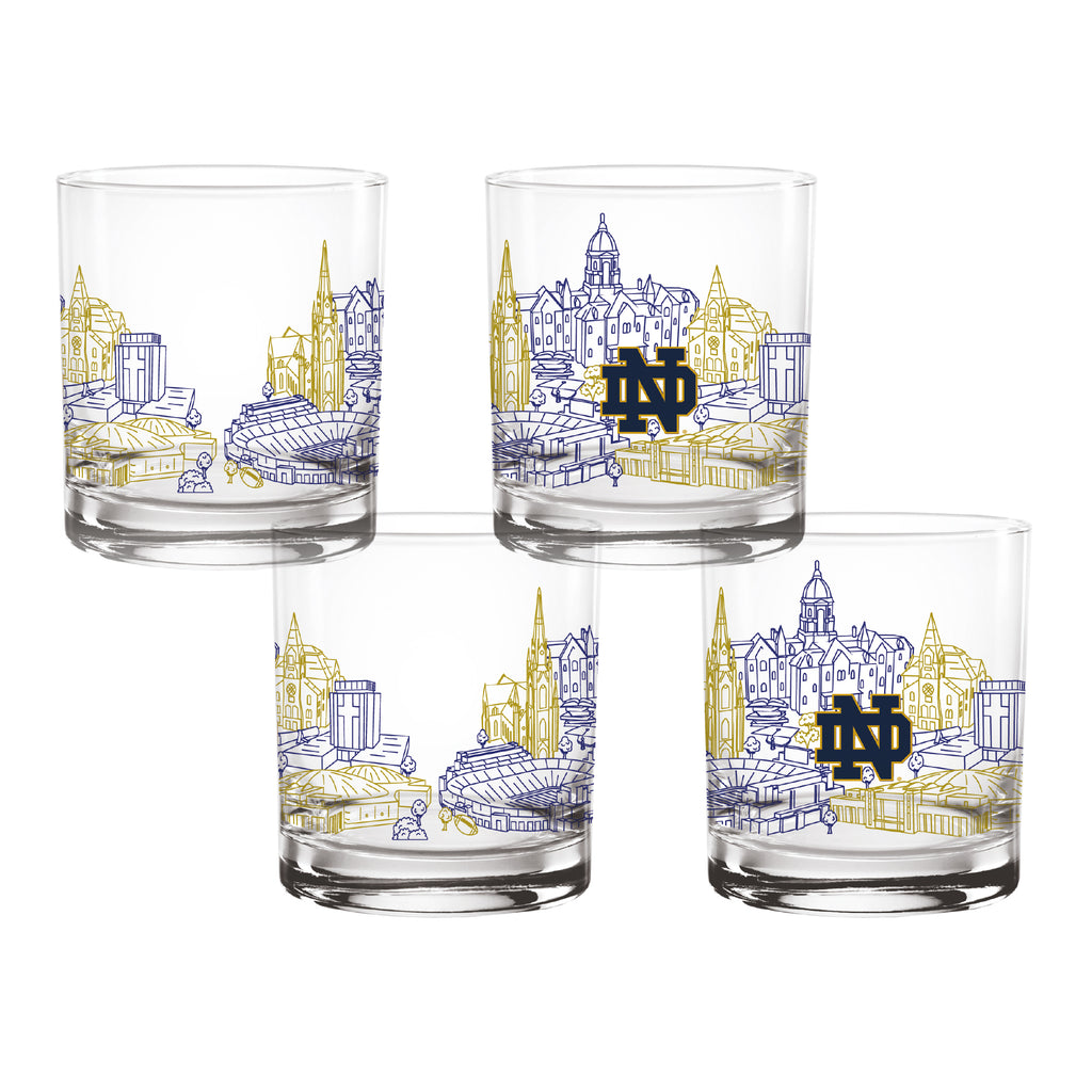 Set of 4 Notre Dame Fighting Irish Campus Line Art 14oz Rocks Glasses