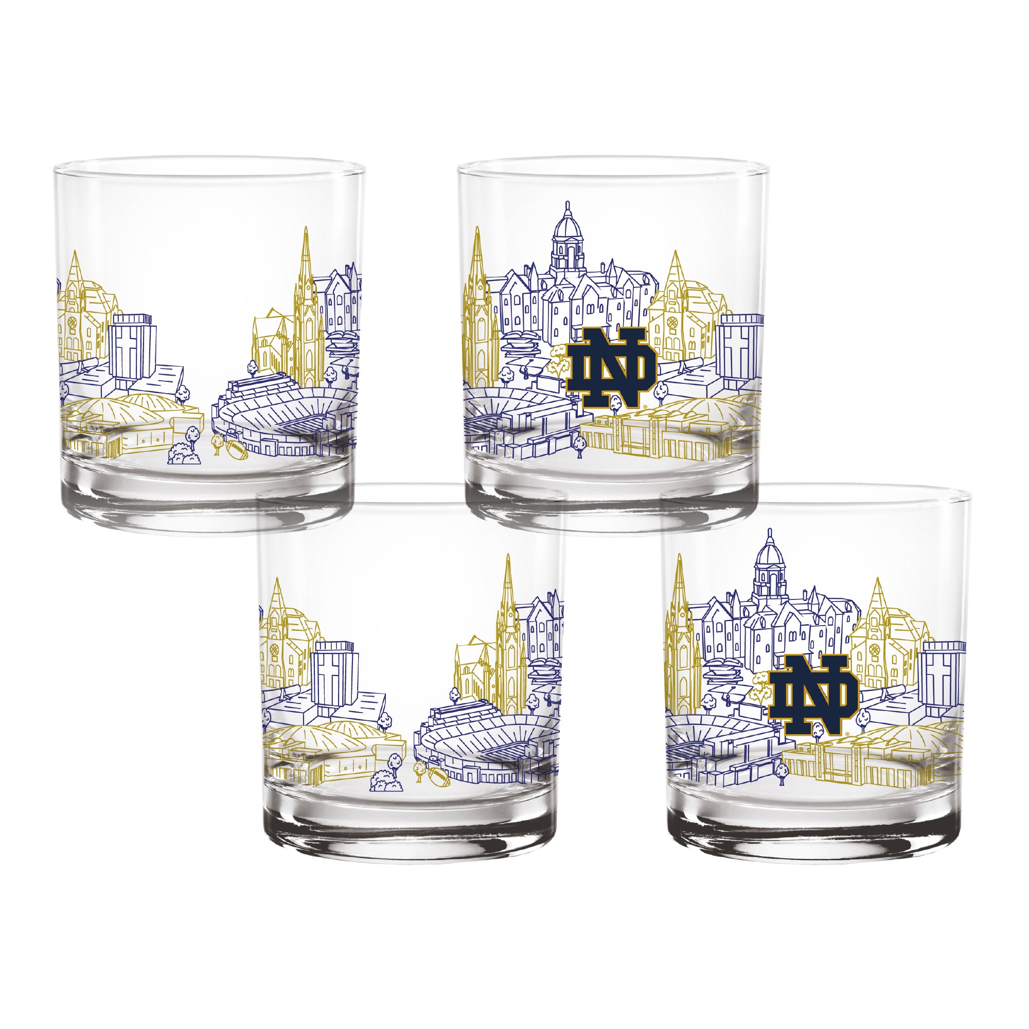 Set of 4 Notre Dame Fighting Irish Campus Line Art 14oz Rocks Glasses