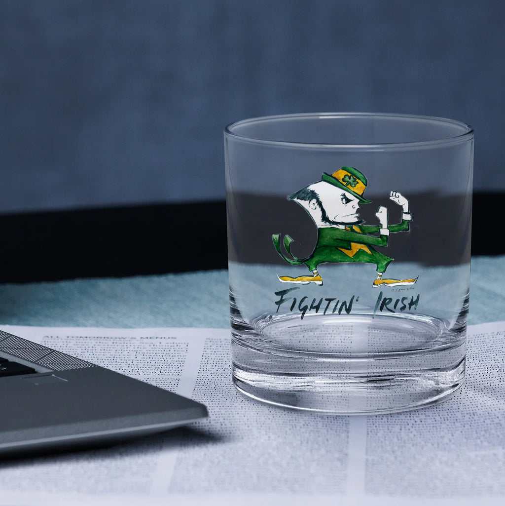 Set of 4 Notre Dame Fighting Irish Mascot by Laura Wilcox 14oz Rocks Glasses