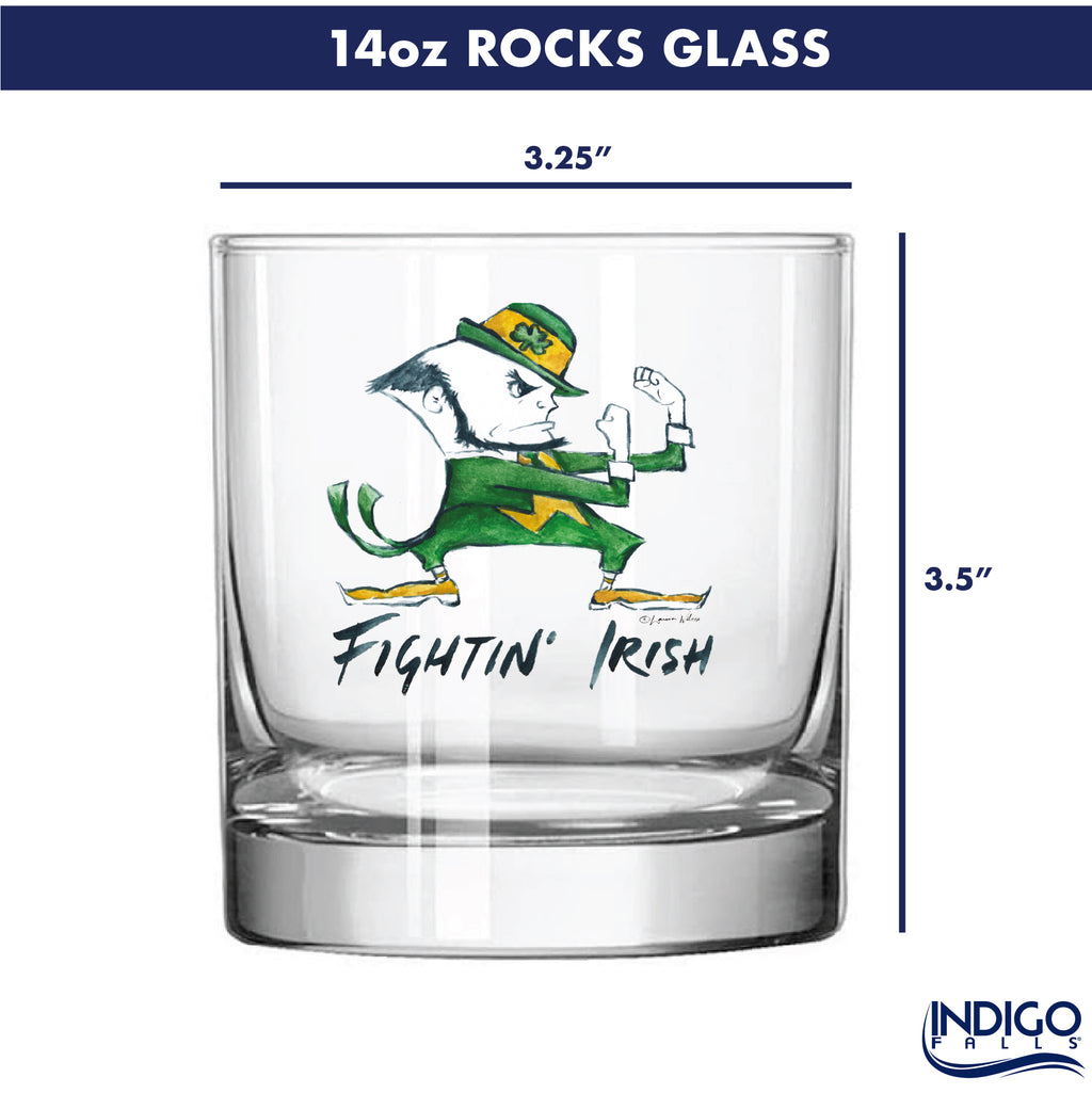 Set of 4 Notre Dame Fighting Irish Mascot by Laura Wilcox 14oz Rocks Glasses